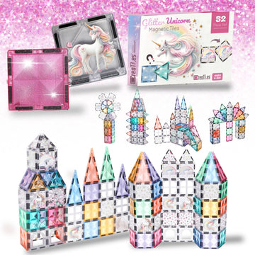 Glitter Unicorn Pony Magnetic Tiles: Building Blocks Toys For Kids - Hearts, Stars, Rainbow Castle Playset For Creative Kids, St