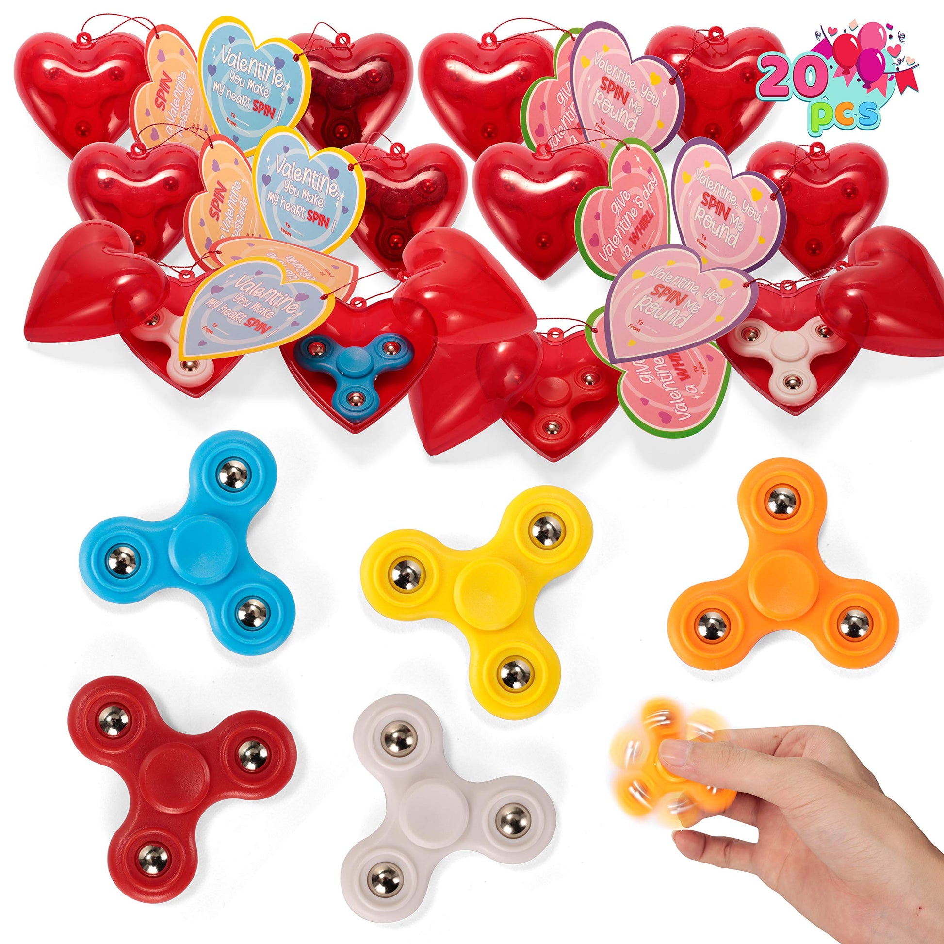 Joyin 20 Pack Valentines Cards With Fidget Spinner And Red Prefilled Hearts, Stress Relief Hand Finger Spinner Fidget Toys For B