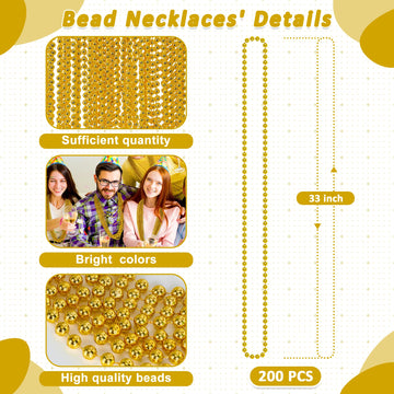 200PCS Bead Necklace, Mardi Gras Beads, 33 IN Gold Beads Party Accessories, Mardi Gras Decorations Parade Throws Beads Bulk Toy