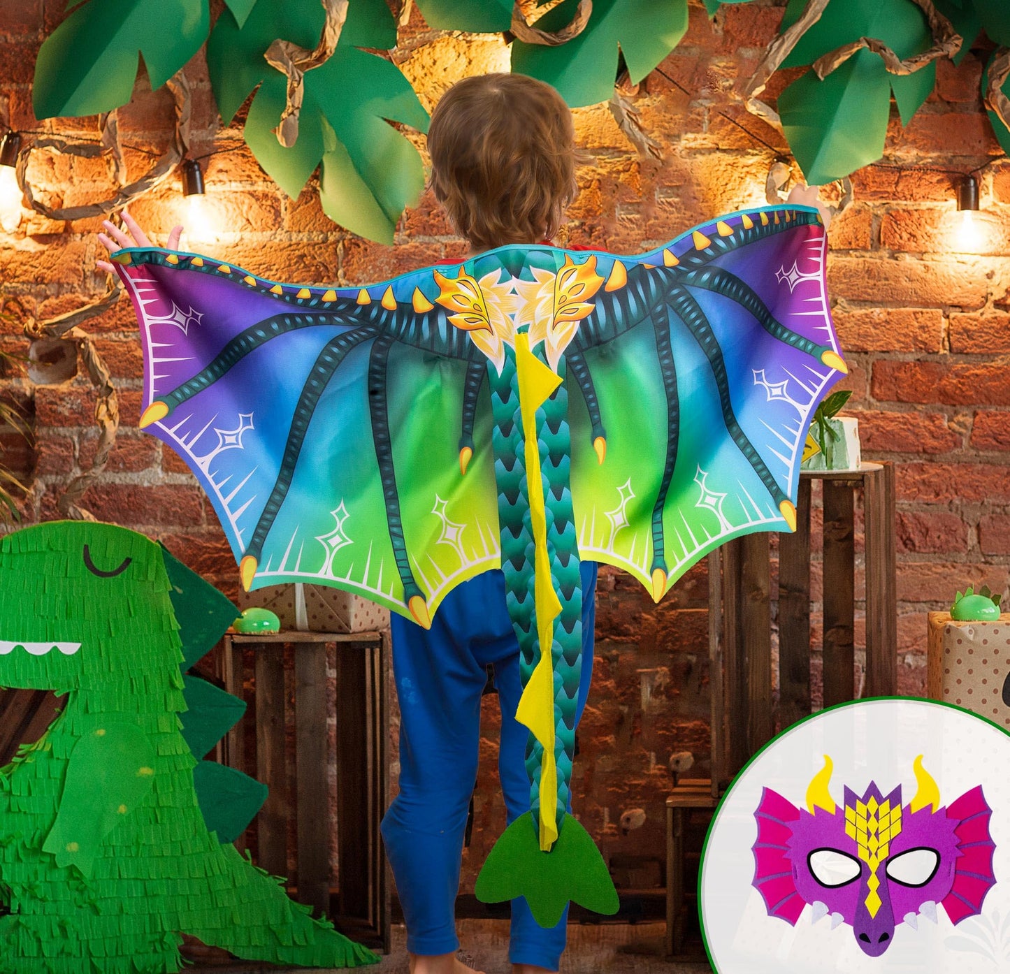 D.Q.Z Toddlers Dinosaur-Dragon-Wings Costume For Kids With Mask, Dino Cape Boys Dress Up Birthday Party Toys Gifts (Rainbow)