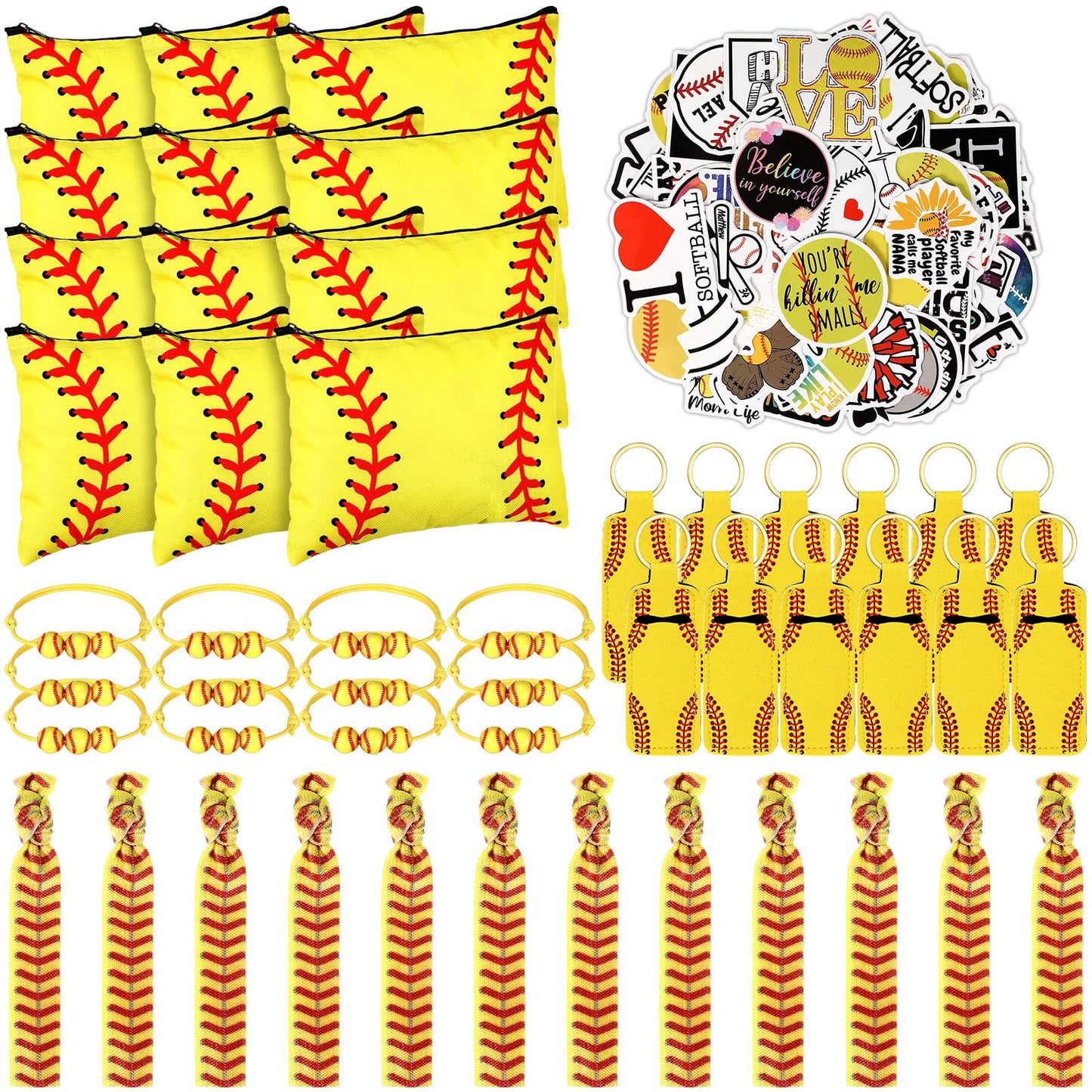 LEIFIDE 148 Pcs Softball Gift Softball Party Favors Makeup Bag Bracelet Keychain Stickers Hair Ties for Sport Birthday Decoratio