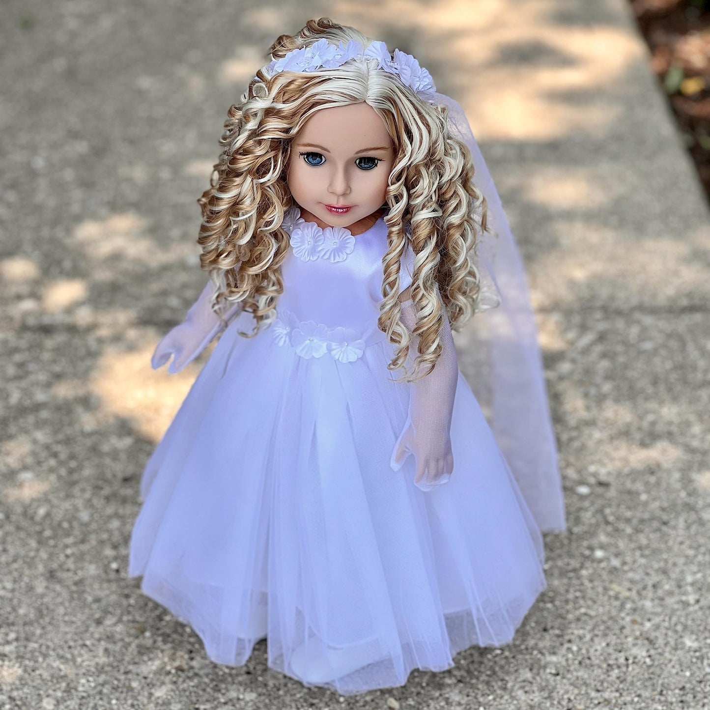 Dreamworld Collections Little Angel - 4 Piece 18 Inch Girl Doll Outfit - White Satin And Tule First Communion Dress With Long Gloves, Veil And White Shoes (Doll Not Included)