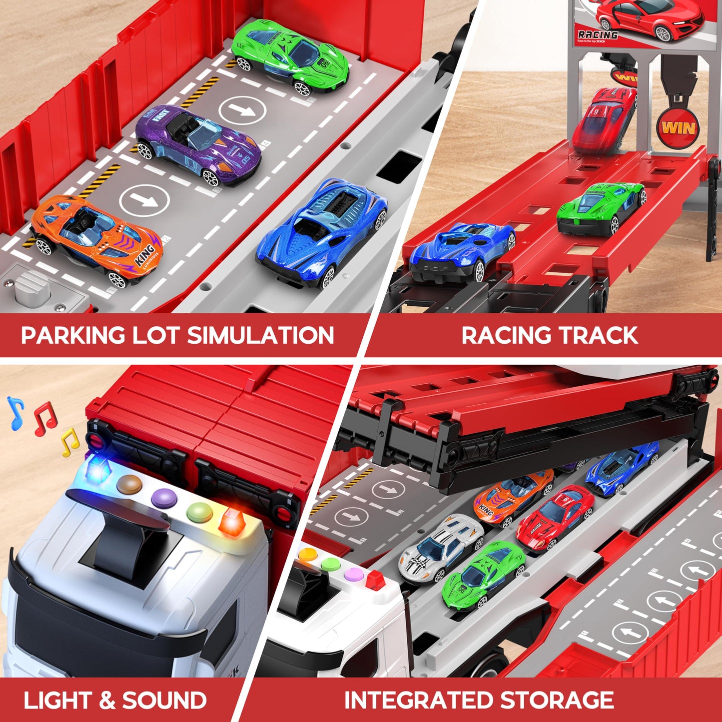Carrier Truck Race Track Kids Toys, Foldable 3 Layer Car Race Track Playset, Toy Truck Transport Car Carrier & 8 Race Cars, Truc