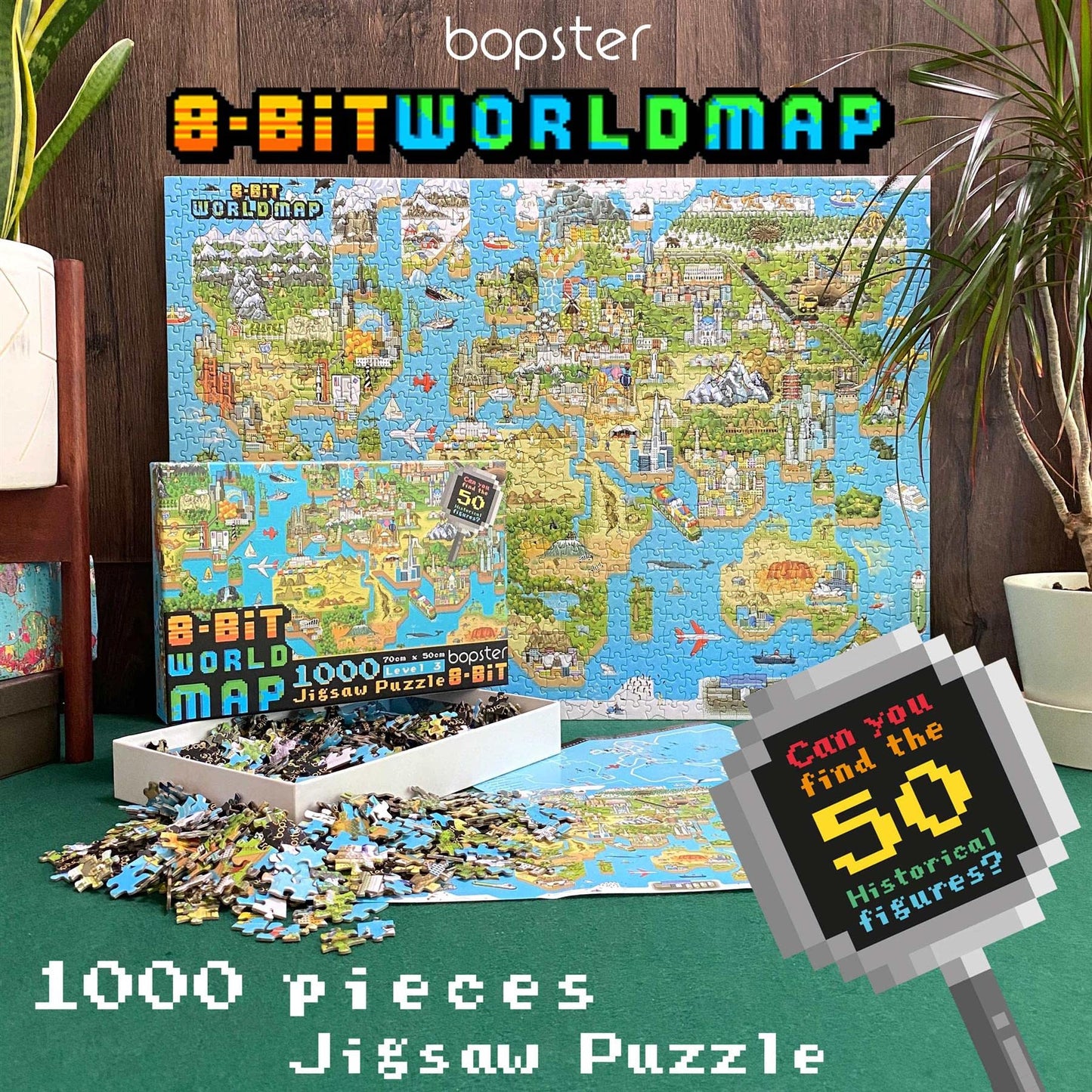 1000 Piece Puzzle - World Map mature-themed Puzzles Retro Gaming Style 8-bit Jigsaw Puzzles 1000 Pieces for mature-themeds and Kids with 50 Famous People to Find! Made Using 100% Recycled Cardboard - by bopster