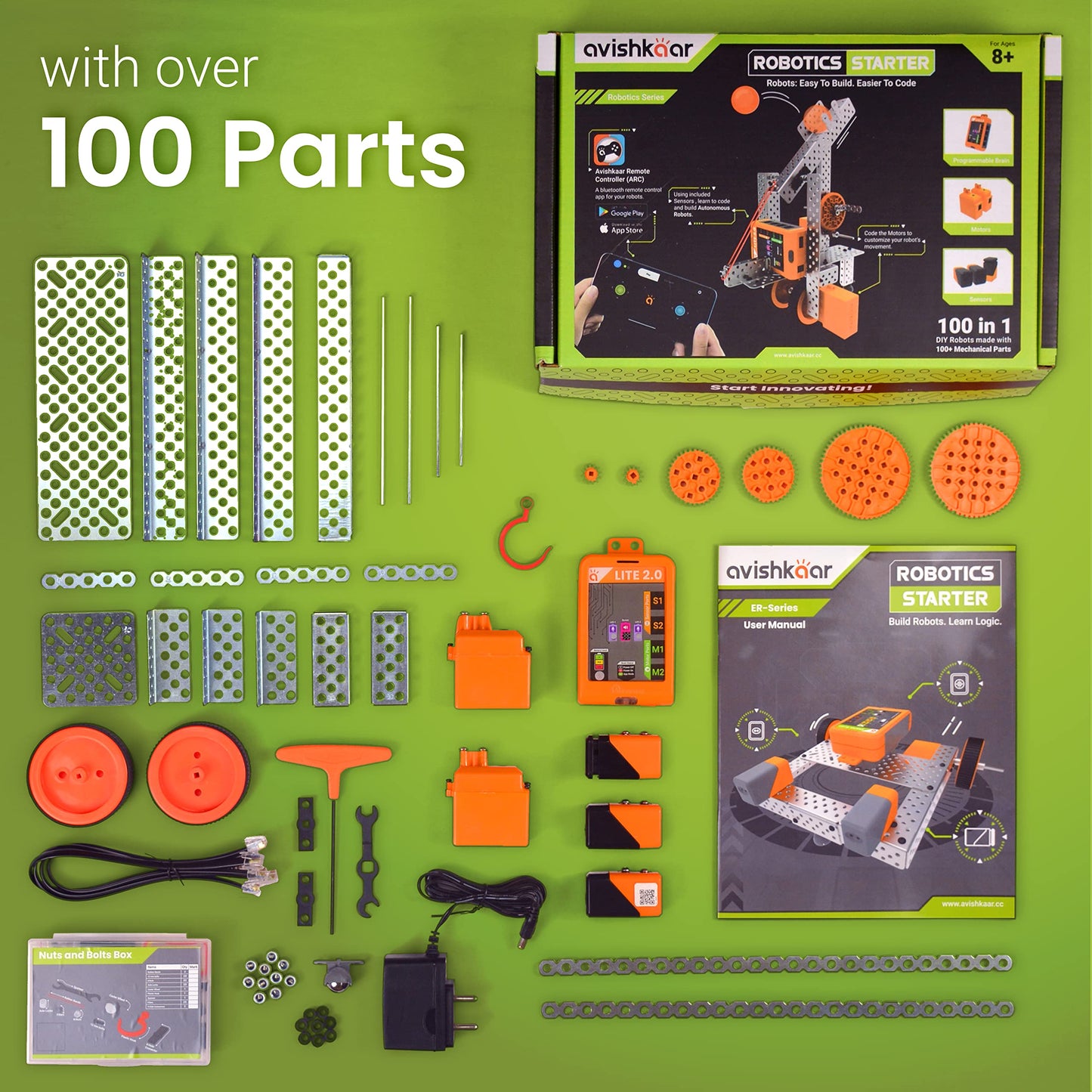 Avishkaar Robotics Starter Kit, 100-In-1 Diy Stem Metal Kit, Multicolor, 100+ Parts, Learn Robotics, Coding & Mechanical Design,