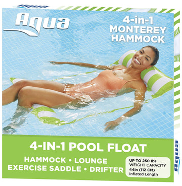 Aqua 4-In-1 Monterey Hammock Inflatable Pool Float, Multi-Purpose Pool Hammock (Saddle, Lounge Chair, Hammock, Drifter) Pool Chair, Portable Water Hammock, Lime Green/White Stripe