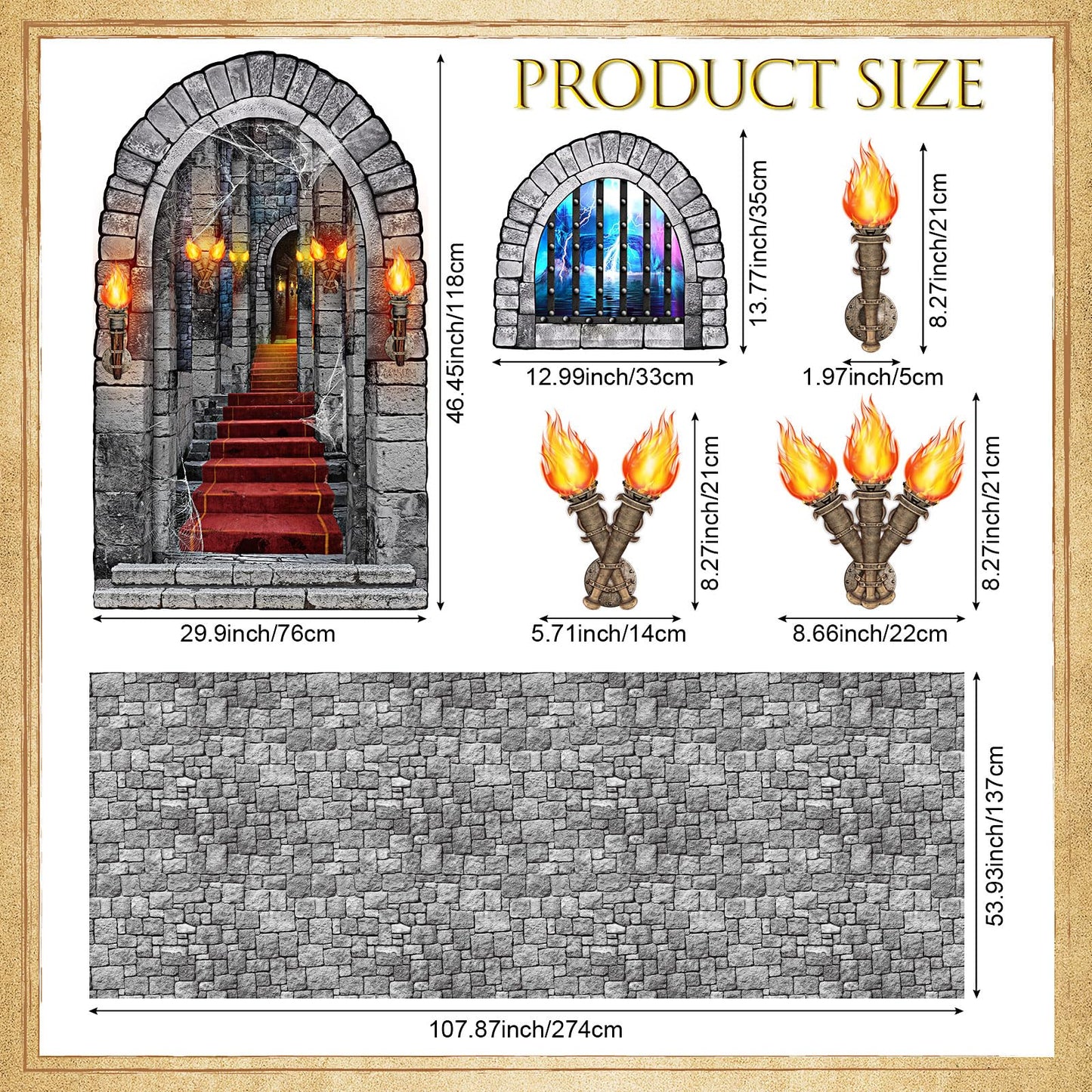 Tallew 13 Pcs Medieval Party Decorations, 2 Pcs Brick Stone Tablecloths,1 Castle Entrance Door, 2 Pcs Window Stickers 8 Pcs Torc