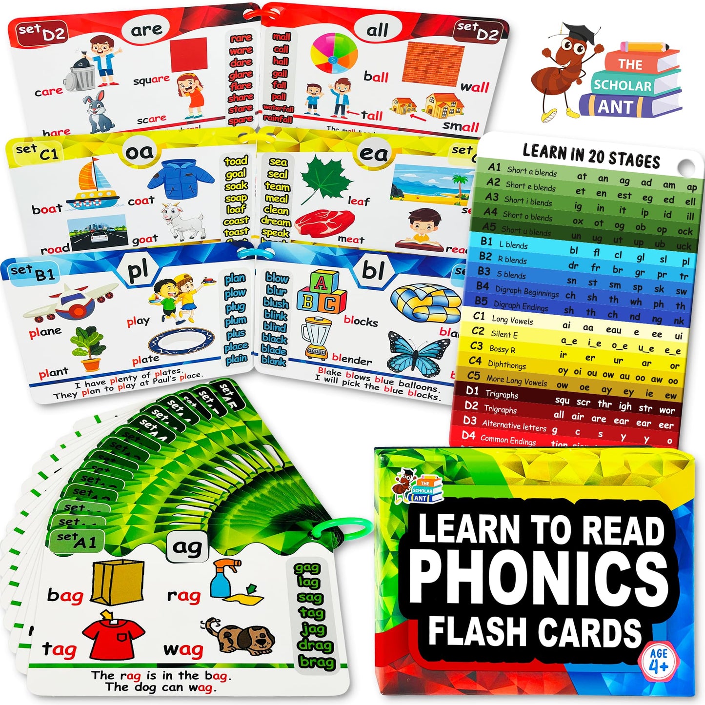 Phonics Flash Cards - Learn To Read In 20 Phonic Stages - Digraphs Cvc Blends Long Vowel Sounds - Phonics Games For Kids Ages 4-8 Kindergarten First Second Grade Homeschool Educational