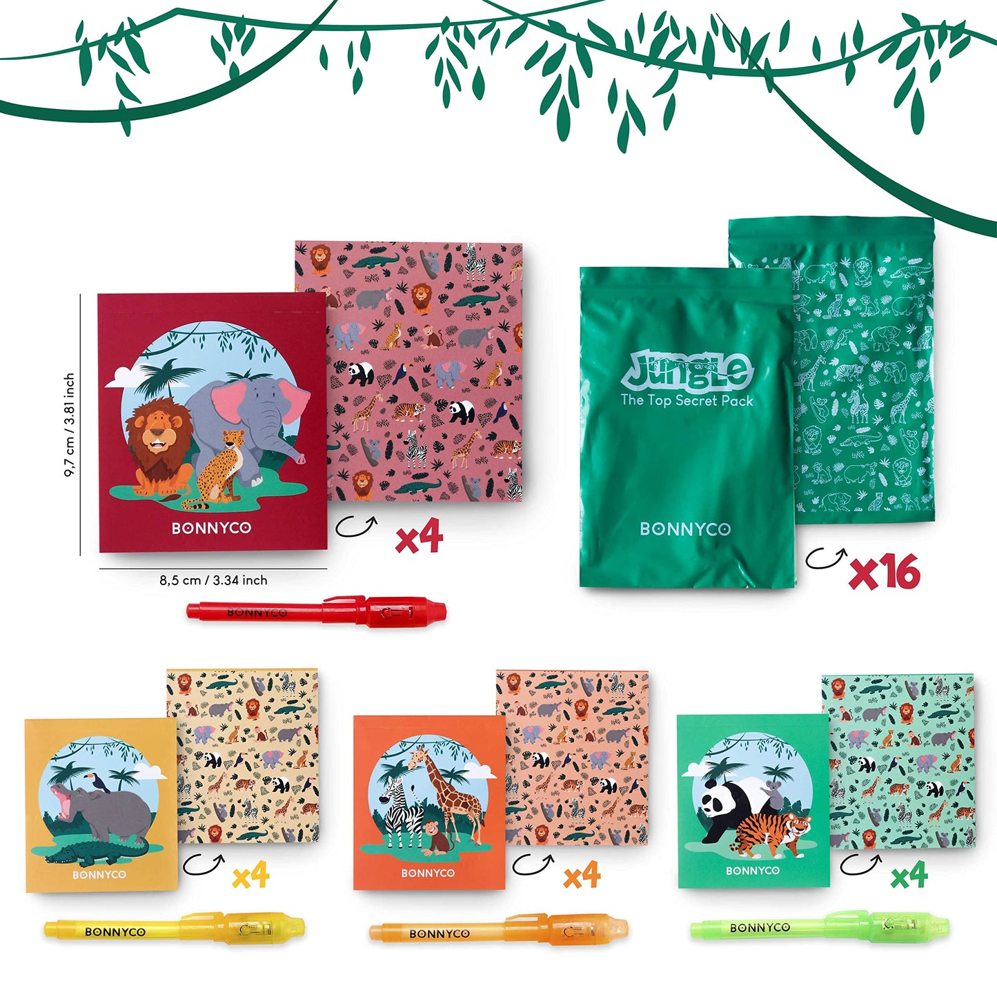 Invisible Ink Pen And Notebook Pack Of 16 - Bonnyco | Safari Party Favors For Kids | Spy Pen Jungle Party Favors, Animal Prizes For Kids | Magic Pen Jungle Theme Party Supplies, Prizes For Students