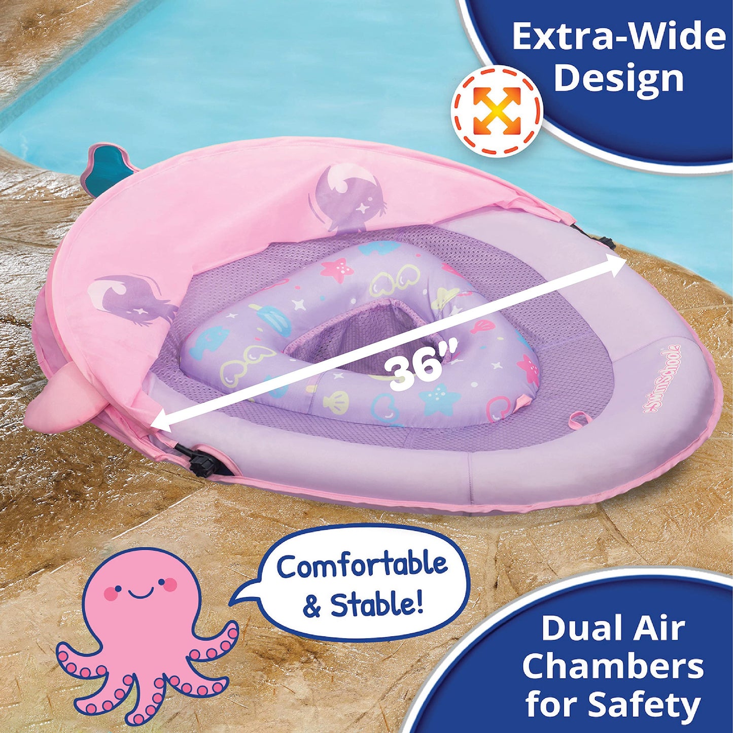 Swimschool Baby Pool Float With Adjustable Canopy - 6-24 Months - Includes 5-Toy Interactive Play Console Safety Seat - Pink