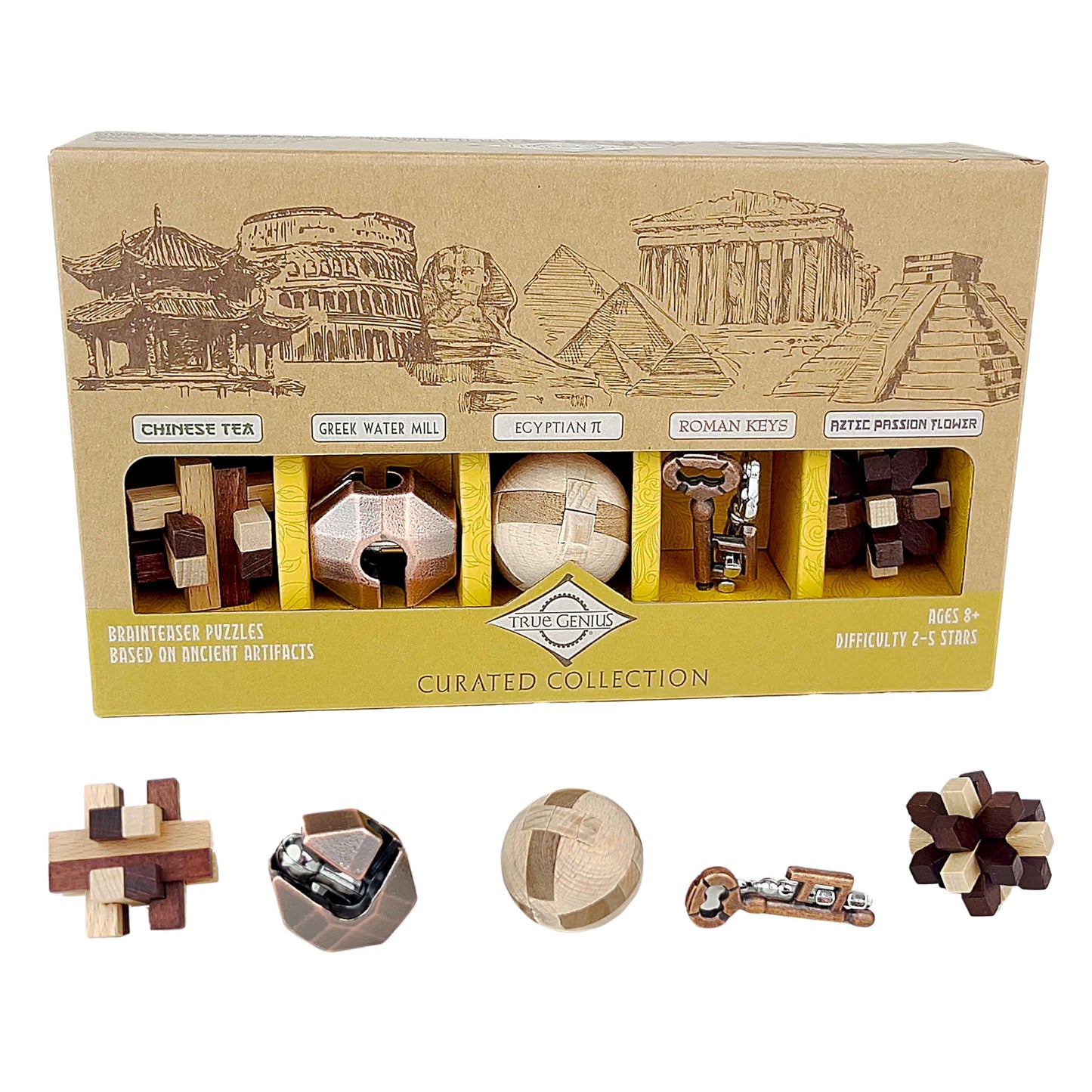 Project Genius Curated Collection Gift Set, 5 Premium Wood & Metal Puzzles, 3D Brainteaser Gift For Kids 8+, Teens, And Adults - True Genius Disassembly And Disentanglement Variety Pack