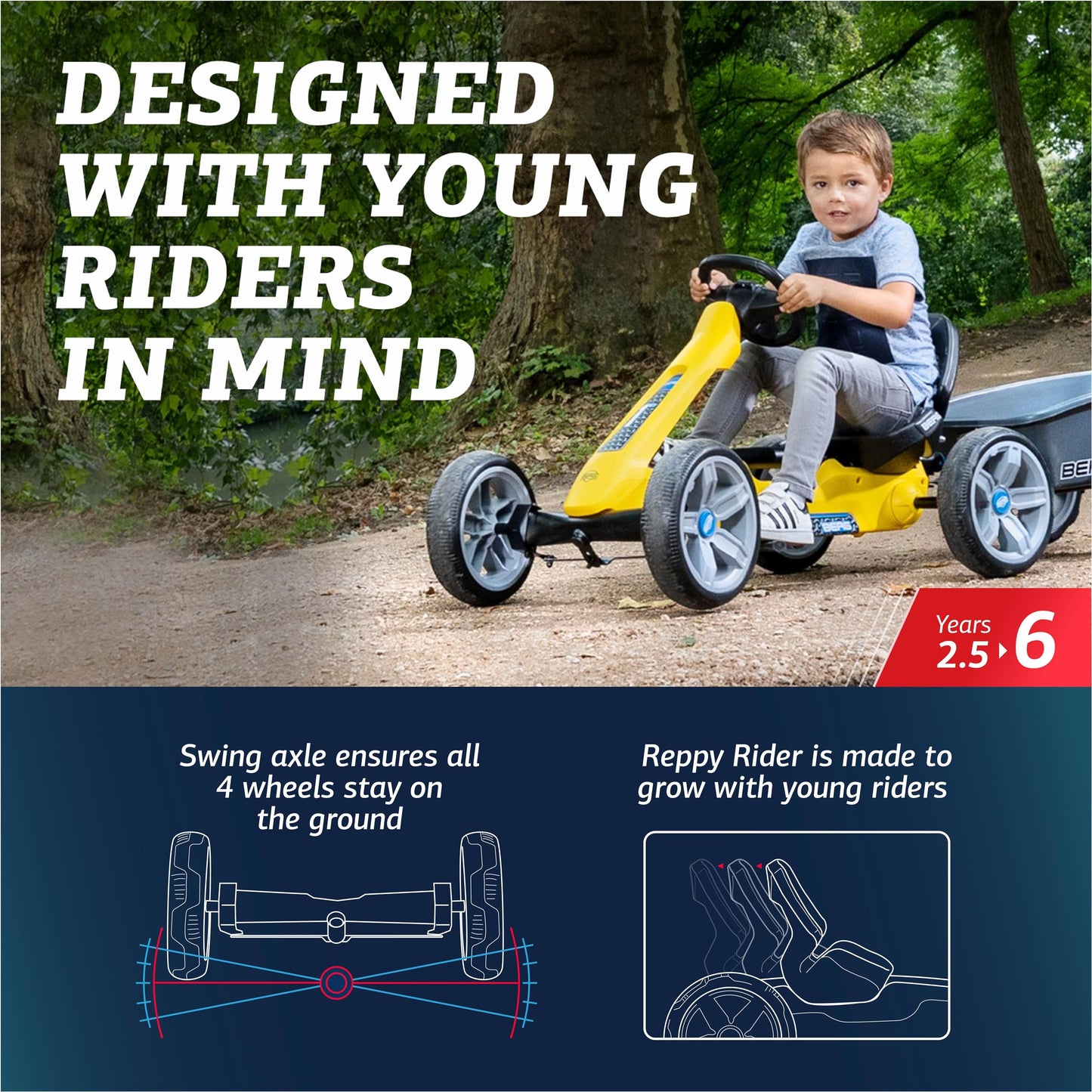 Berg Reppy Rider Kids Go Kart - Pedal Go Kart For Boys & Girls - Kid'S Pedal Vehicles With Adjustable Seat - Pedals Cars For Kids - Yellow Ride-On Children'S Go Cart For Ages 2.5-6 Years