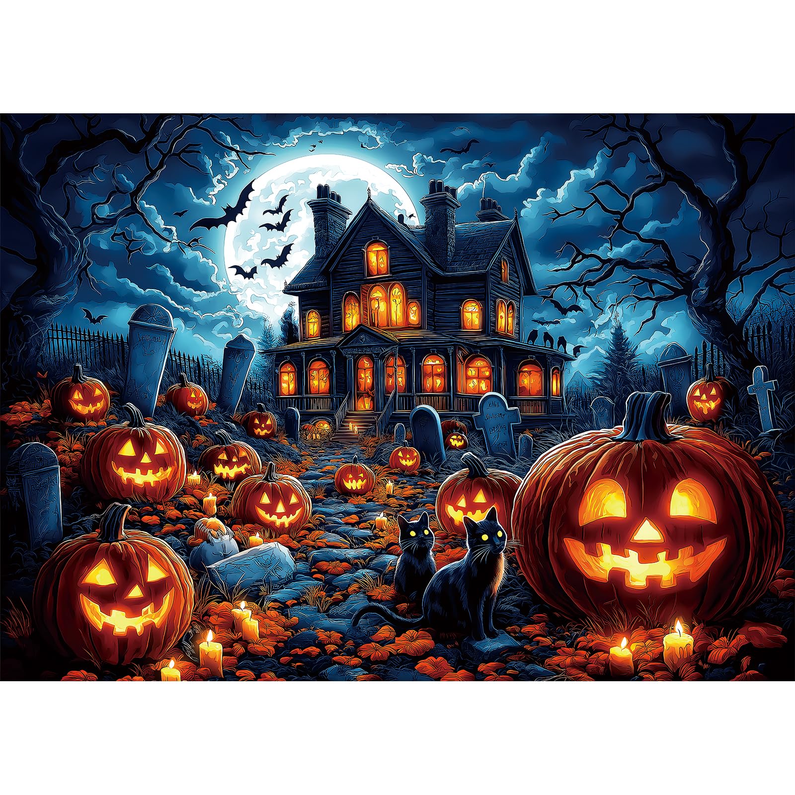 Halloween Haunted House 1000 Piece Jigsaw Puzzle for mature-themeds - Spooky Night Graveyard Scene Challenging 1000-Piece Puzzle for mature-themeds & Teens - enhanced Quality with Reference Poster