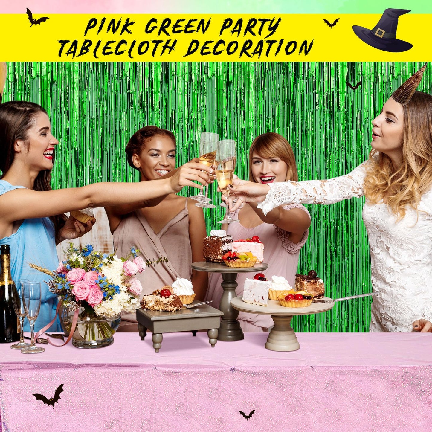 LOYIM 2 Pcs Witch Holographic Tablecloth for Party Pink and Green 54 x 108 Witch Princess Theme Decorations Iridescent Metallic