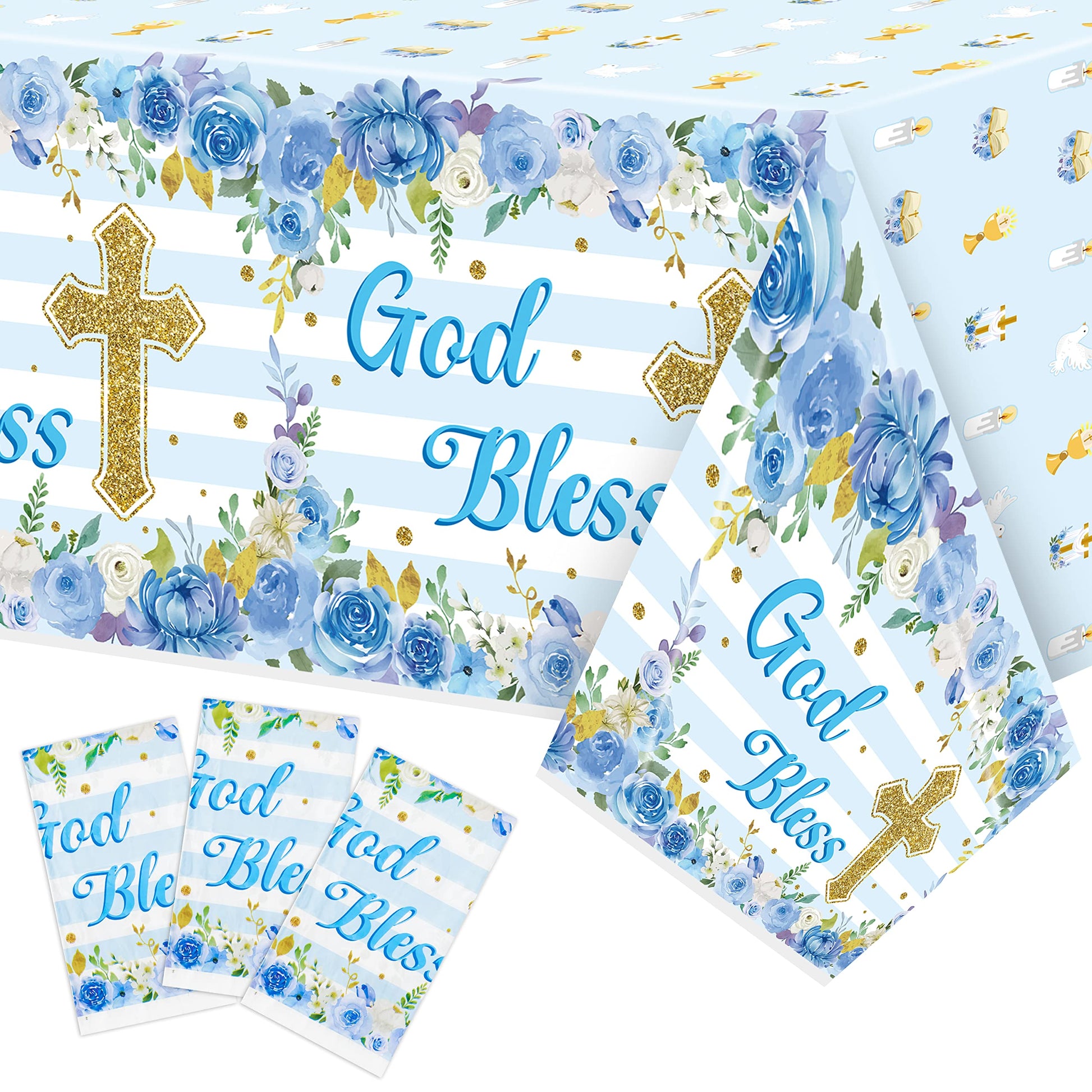 BkeeCten 3 Packs Blue Baby boy Baptism Party Tablecloths Decorations Flower Theme Disposable Plastic Waterproof Rectangle God Bl