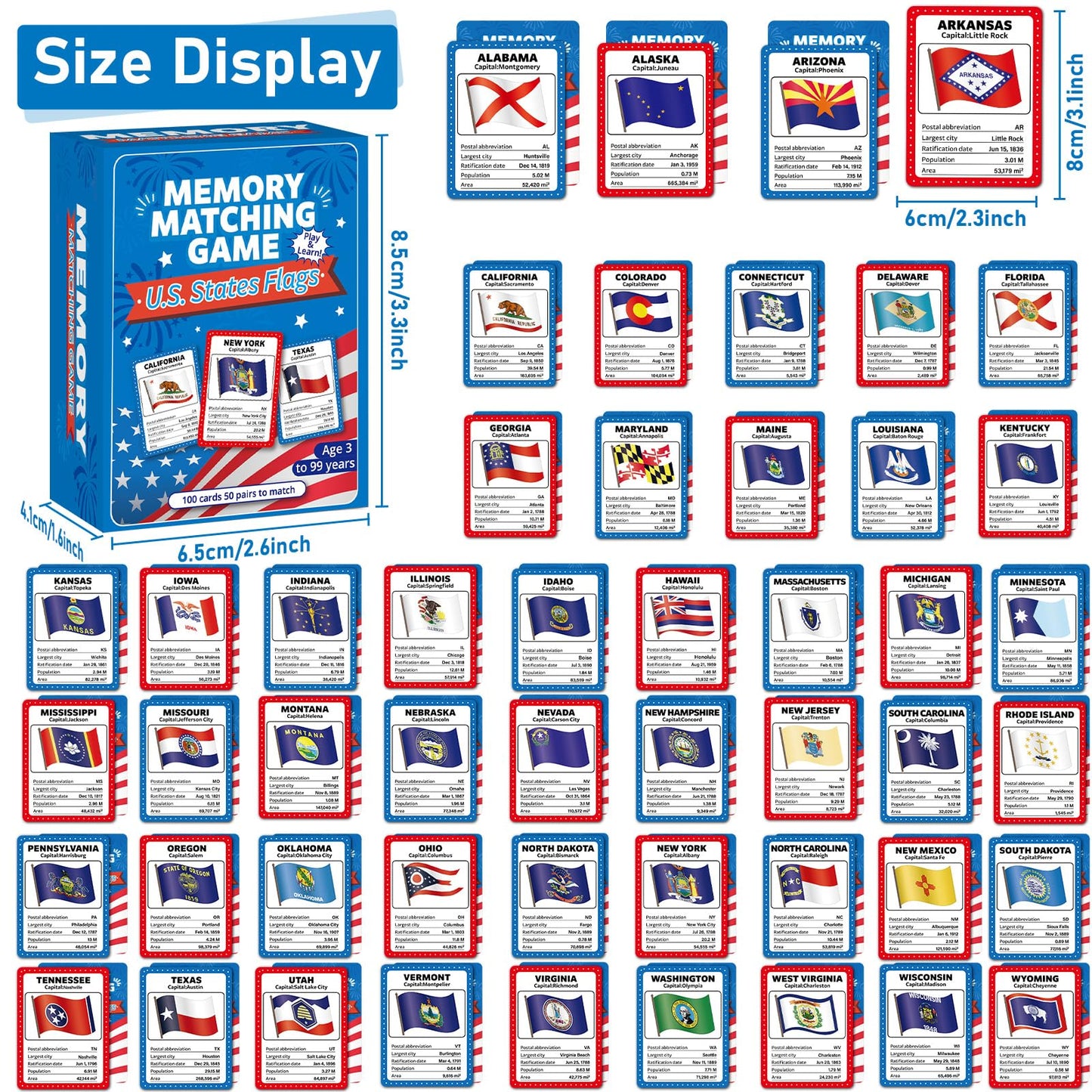 gisgfim 50 Pairs Memory Matching Game Flags of U.S. States Concentration Memory Card Educational Cards Games Geography Learn Sta