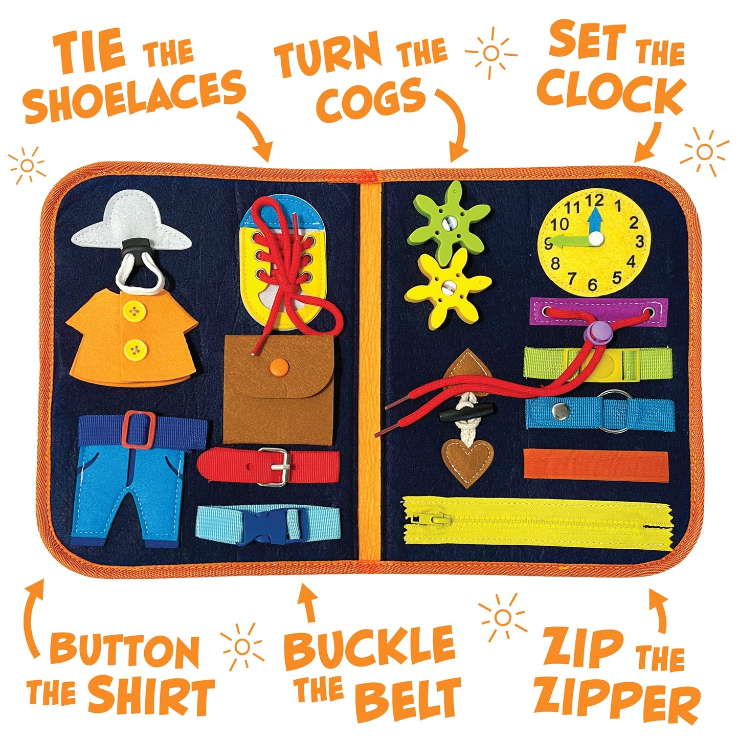 Teach My Busy Board Montessori Toy - Medium Orange Fabric - Educational Sensory Toy for Preschoolers - Model 0061