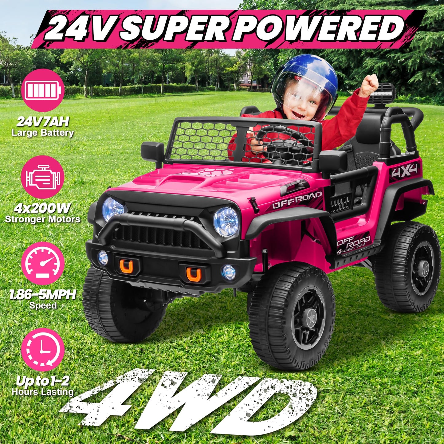 JOYRACER 2 Seater Ride On Toys Car for Big Kids  24V Electric Vehicles w/20'' Large Seat  4X200W Engines  4WD/2WD Switchable  4-Wheeler Suspensions  24v Ride On Trucks for Girls w/Music  Rose Red
