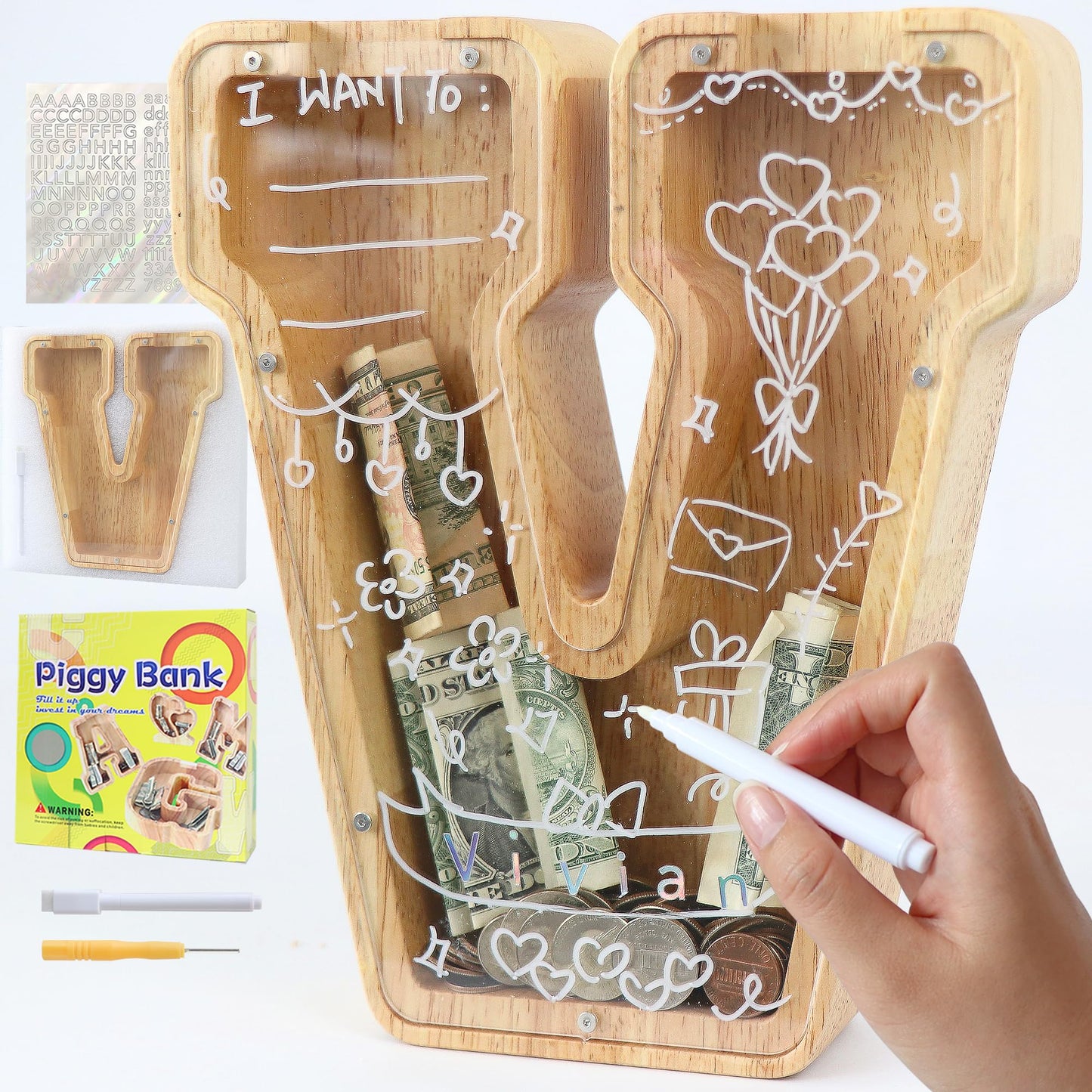 weallbuy Large Letter Piggy Bank for Kids Boys Girls Wooden Personalized Piggy Banks A-Z with Target Area Clear Alphabet Banknote Coin Banks for Gift Decoration Baptism (V)
