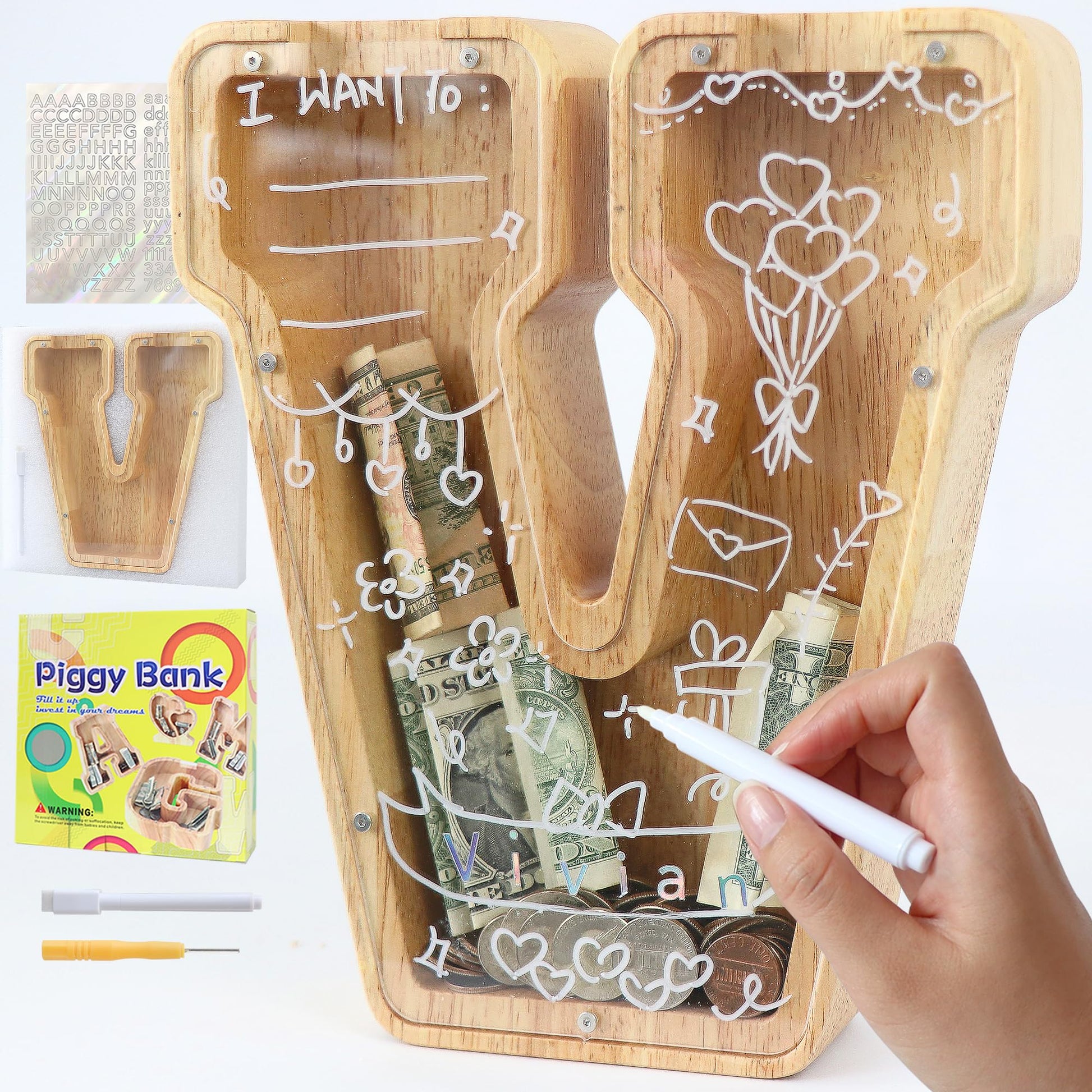 weallbuy Large Letter Piggy Bank for Kids Boys Girls Wooden Personalized Piggy Banks A-Z with Target Area Clear Alphabet Banknote Coin Banks for Gift Decoration Baptism (V)