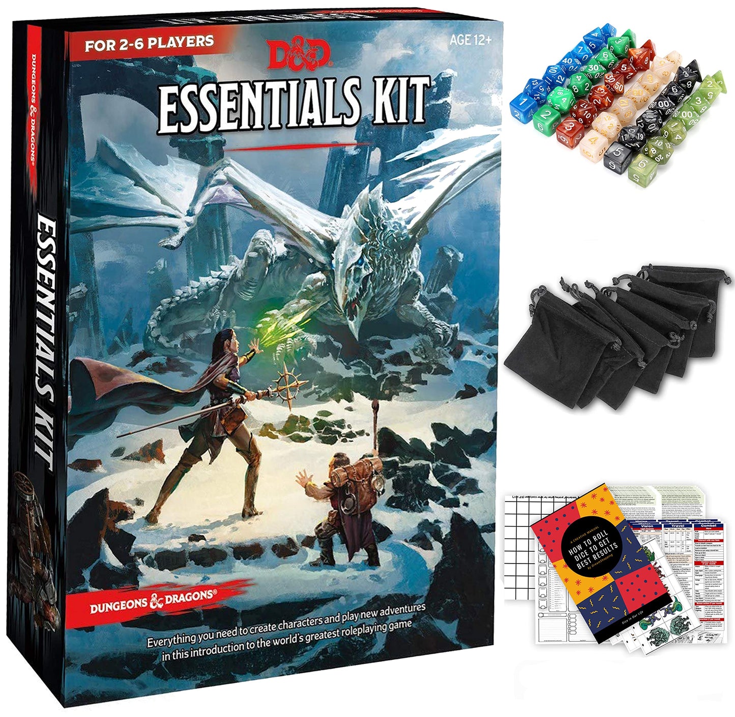 CraftyCrocodile Dungeons and Dragons Essentials Kit - Starter Set with 6 Dice, Figures, Master Screen, Printable Materials - DND 5th Edition