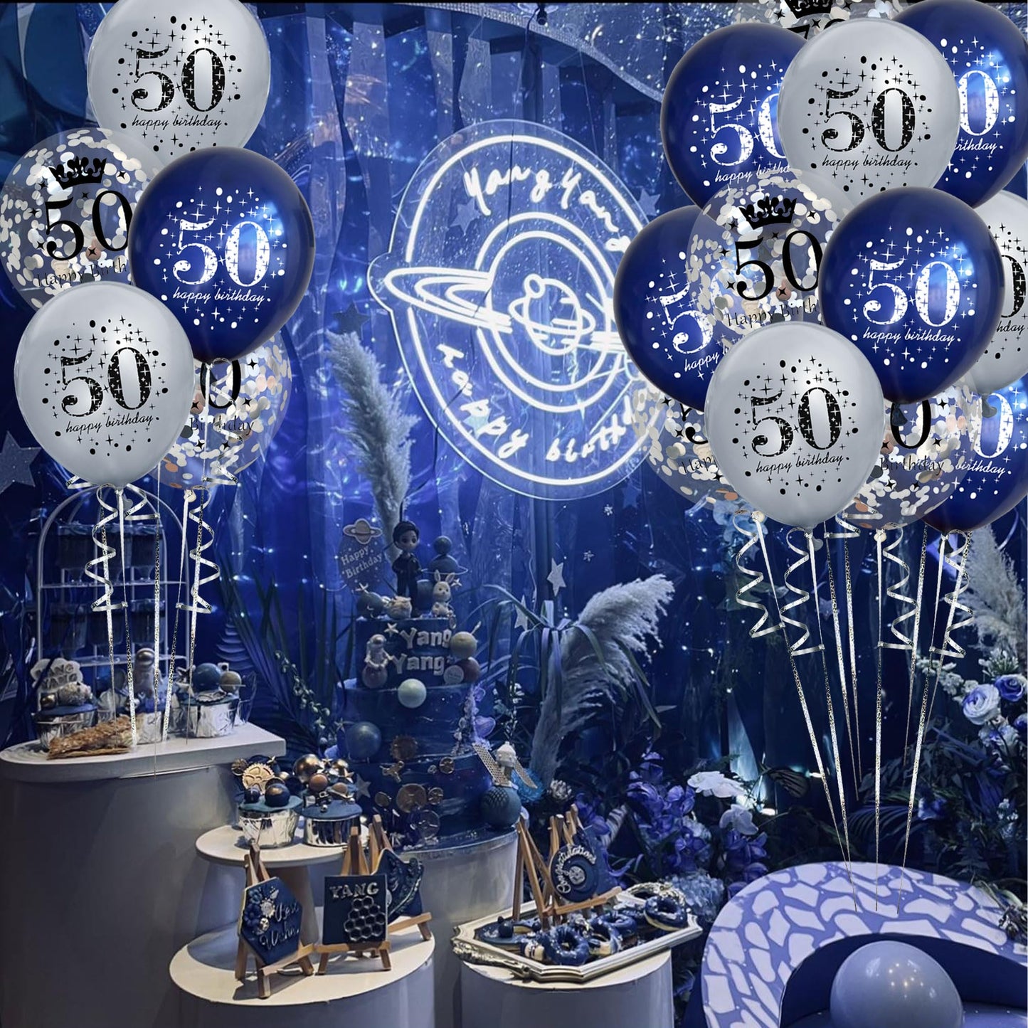 UniBirthLon 18Pcs 50th Birthday Balloons - Navy Blue & Silver Latex Decorations for Men & Women, Happy Birthday Confetti