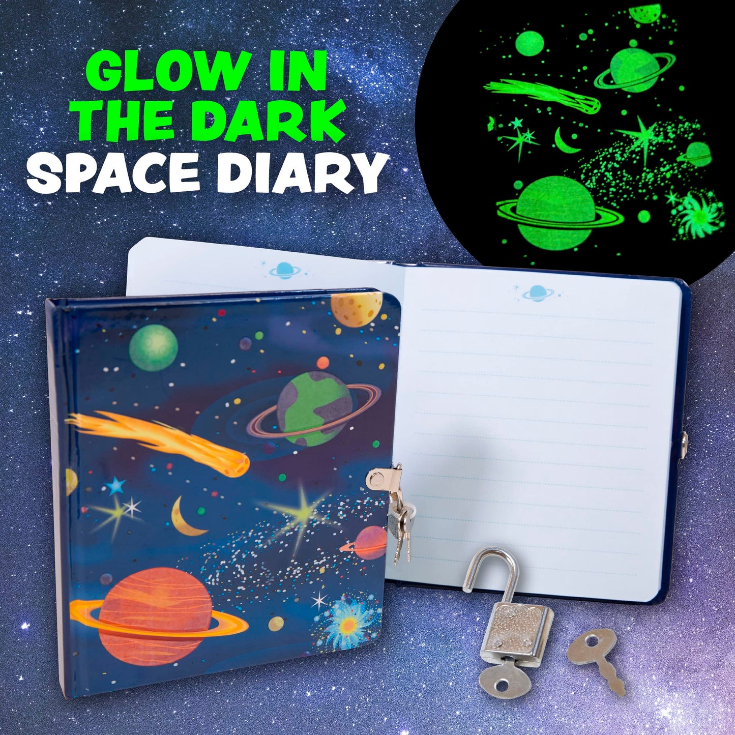 Peaceable Kingdom Deep Space Glow In The Dark 6.25' Lock And Key, Lined Page Diary For Kids