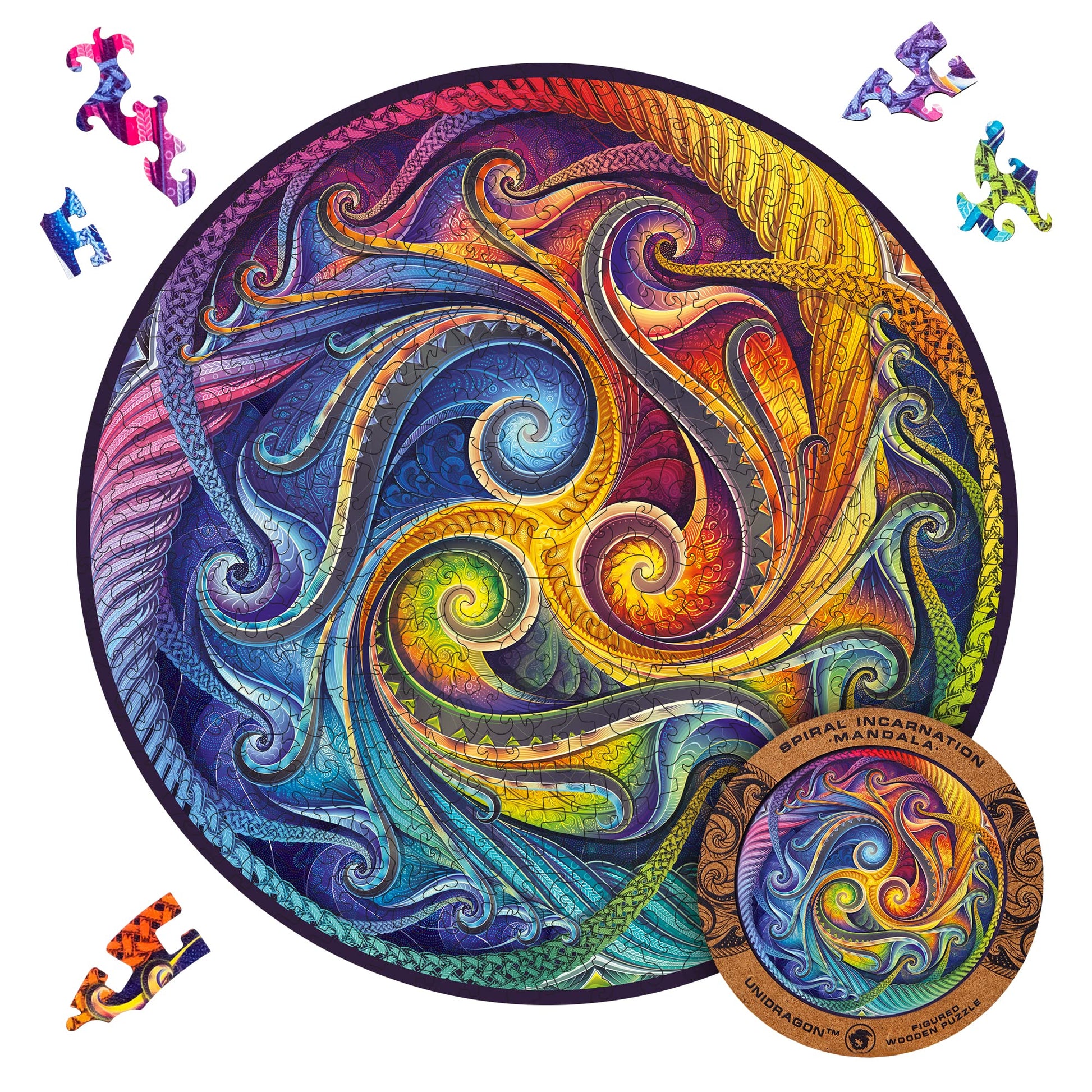 Unidragon Original Wooden Jigsaw Puzzles - Mandala Spiral Incarnation, 350 Pcs, King Size 13'X13', Beautiful Gift Package, Unique Shape Best Gift For Adults And Kids