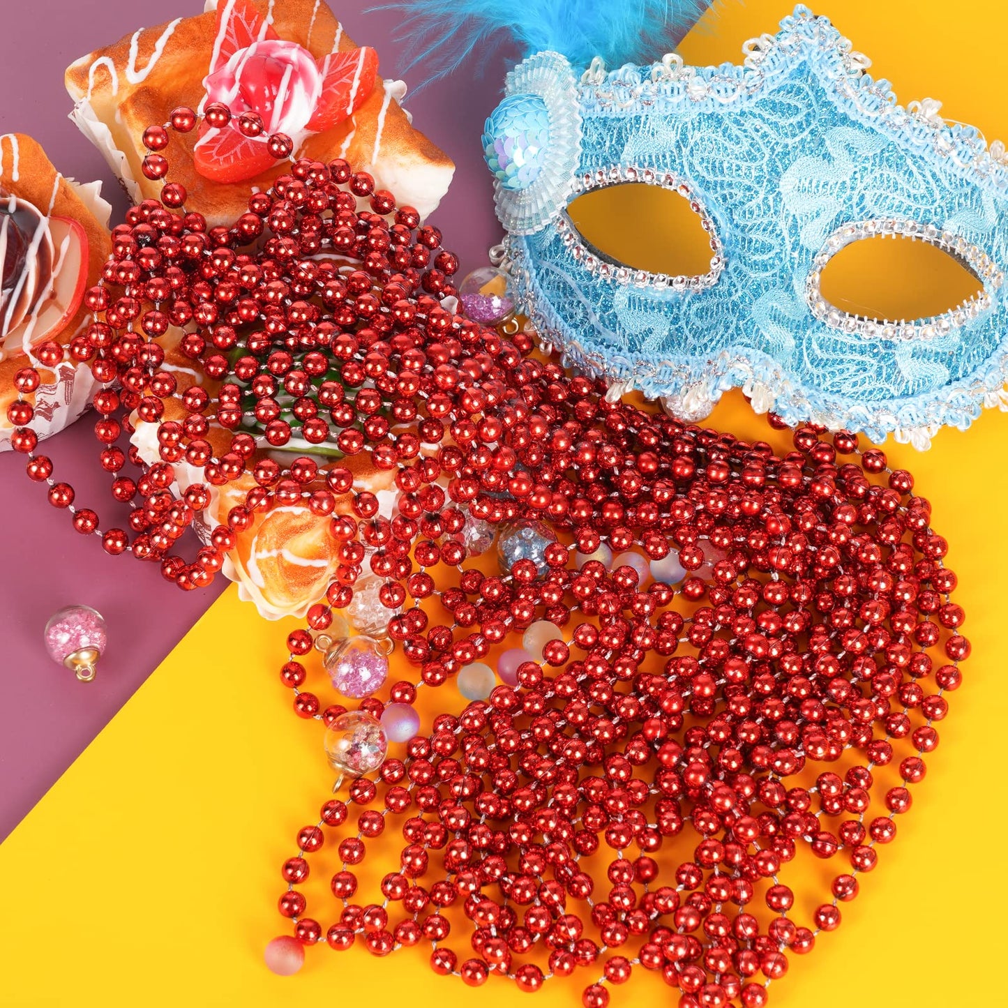 YAXINRUI 144 PCS Red Bead Necklaces, Red Christmas Mardi Gras Bead Necklaces, Red Valentine Necklace, 33 Inch Round Beaded Neckl