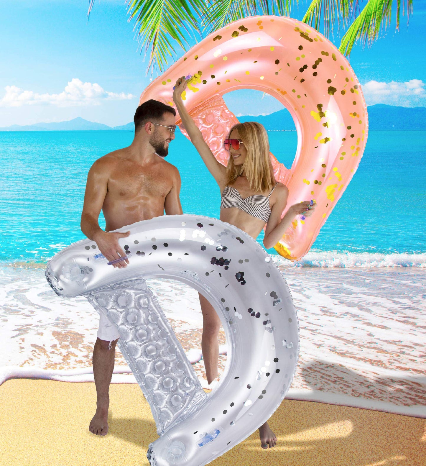 POZA Inflatable Pool Float Chair - Sparkle Confetti Lounge Inflatable Pool Floats  2 Built in Cup Holders & Handles  mature-themed Inflatable Pool Lounger Floating Chair for Beach  Lake & Pool - 48x38 Inch