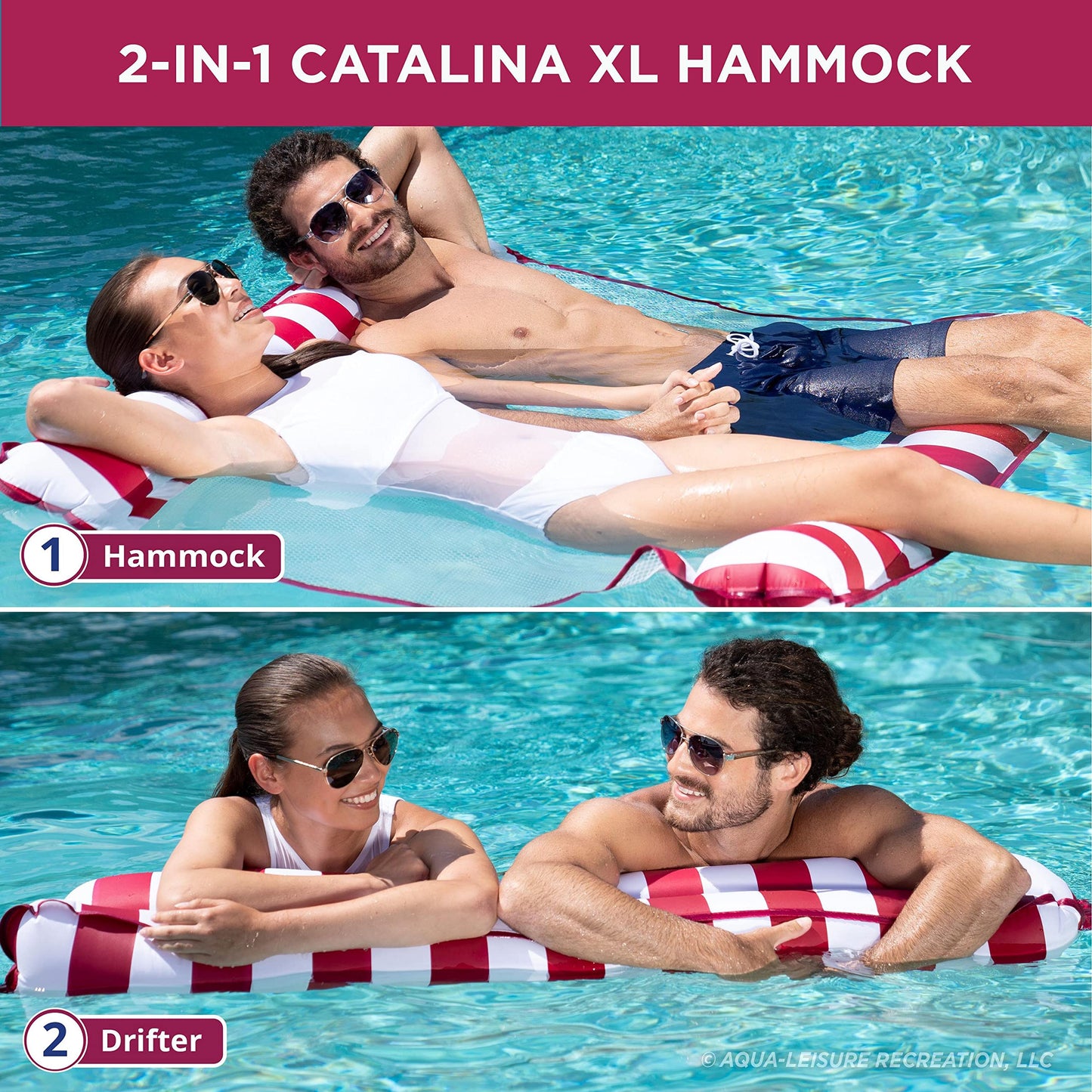 Aqua 2-In-1 Catalina Xl Pool Float & Hammock – 1-2 Person, Multi-Purpose, Inflatable Pool Floats For Adults – Burgundy/White Stripe