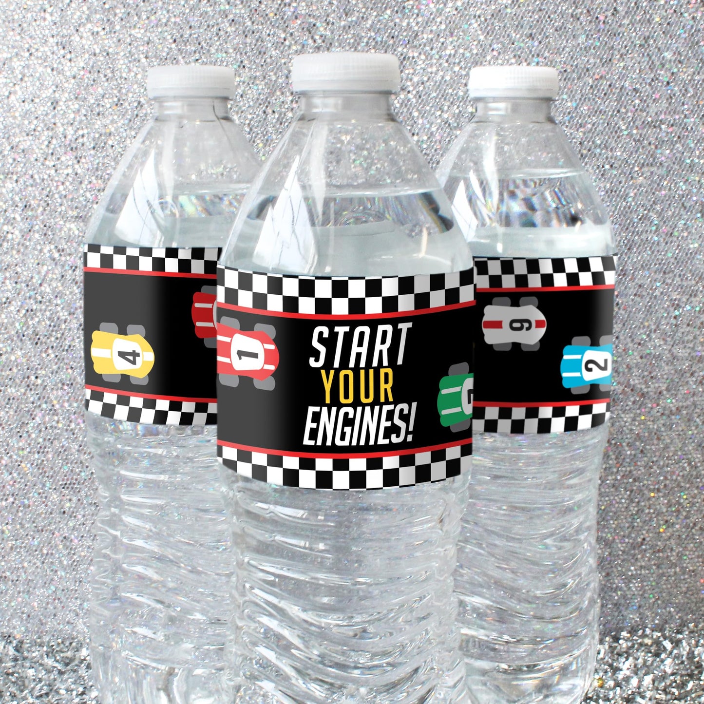 Race Car Birthday Party Water Bottle Labels, Lets Go Racing Racecar Stickers for Water Bottles - 24 Count