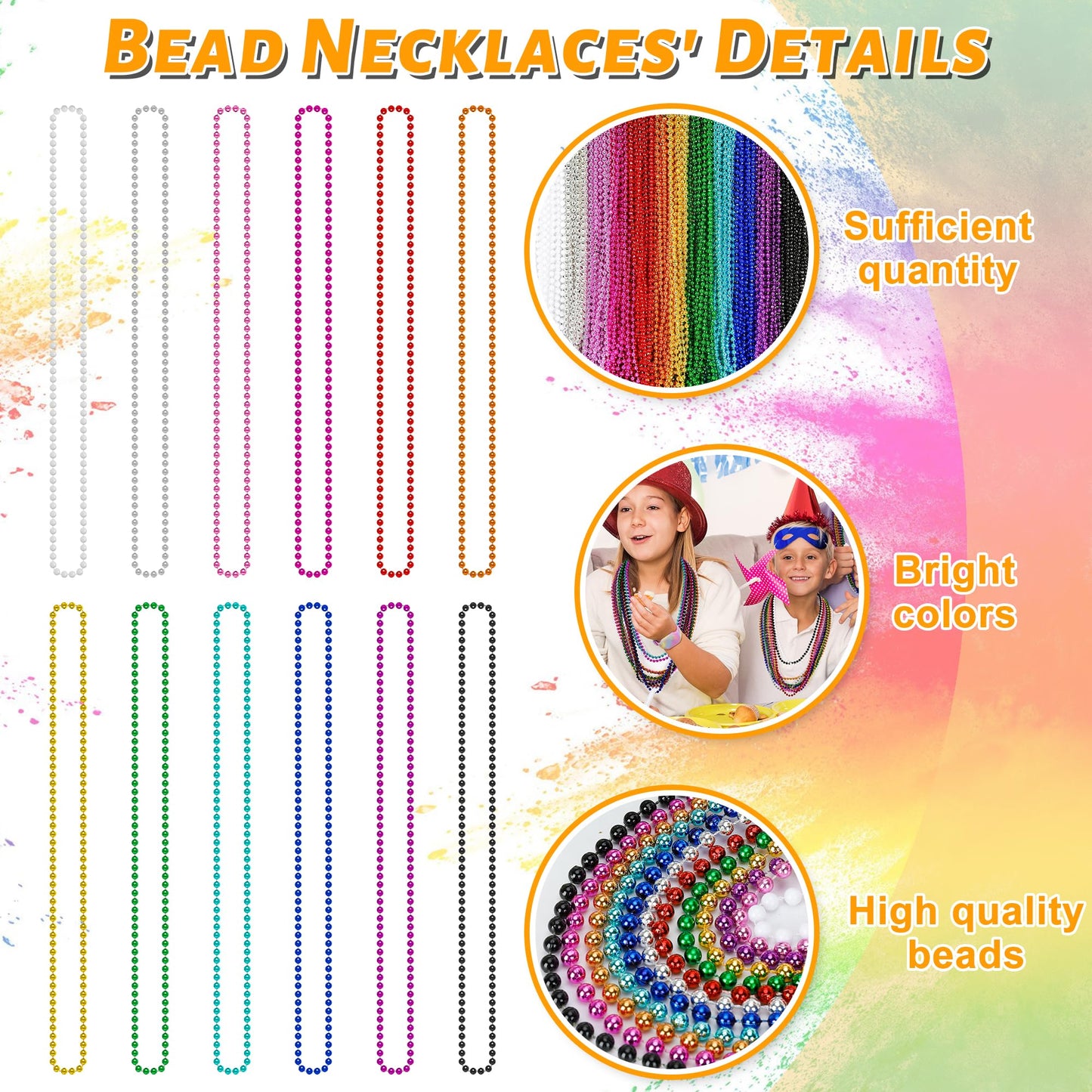 Huskein Bead Necklace, 120PCS Mardi Gras Beads, 33'' Colorful Mardi Gras Beads Necklaces, Women Men Party Costume Accessories Pa