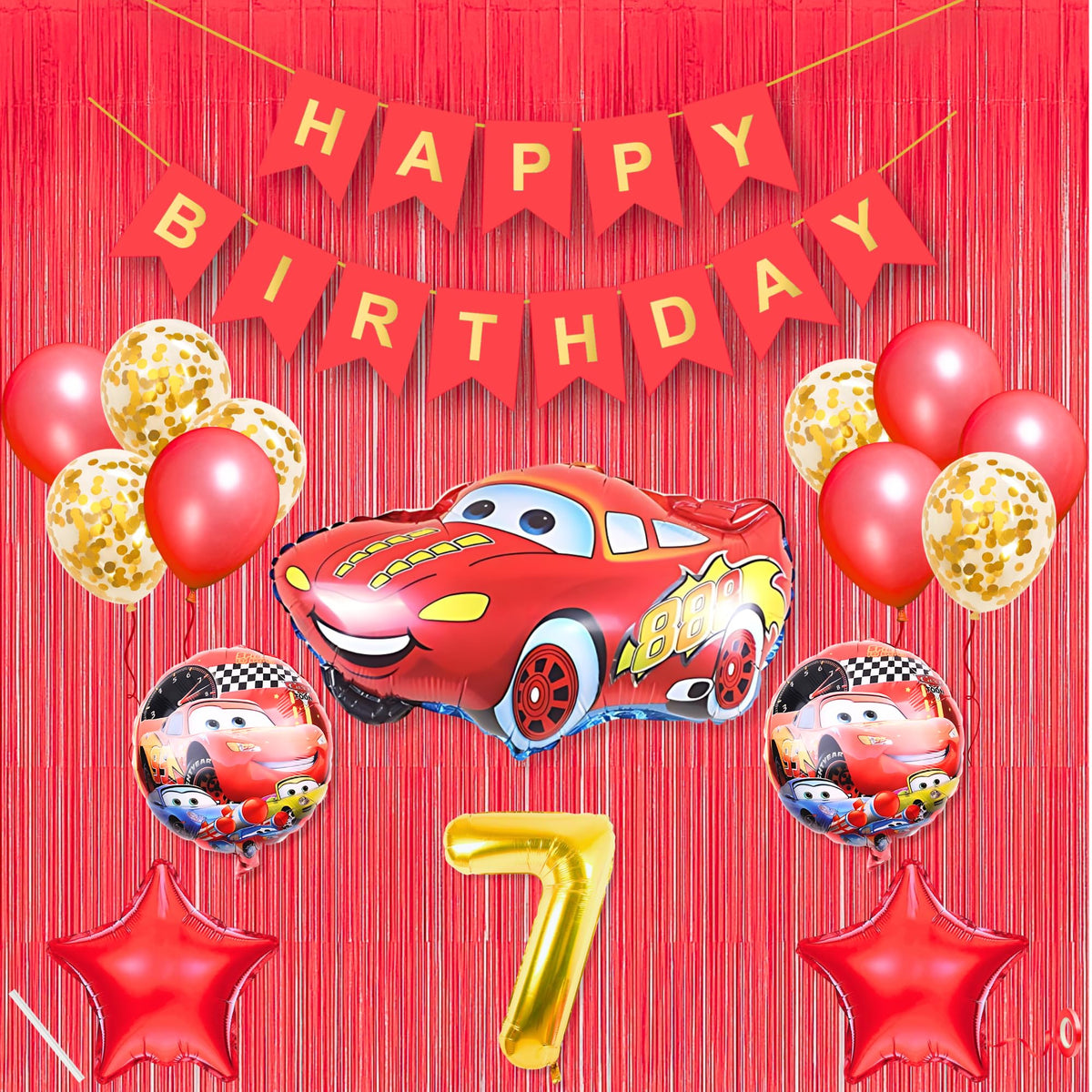 7th Car Theme Happy Birthday Banner Decoration Red for 7 year Old Baby Boys Girls Kids 5 Pc Lightning Macqueen Theme 10 Pc Confe