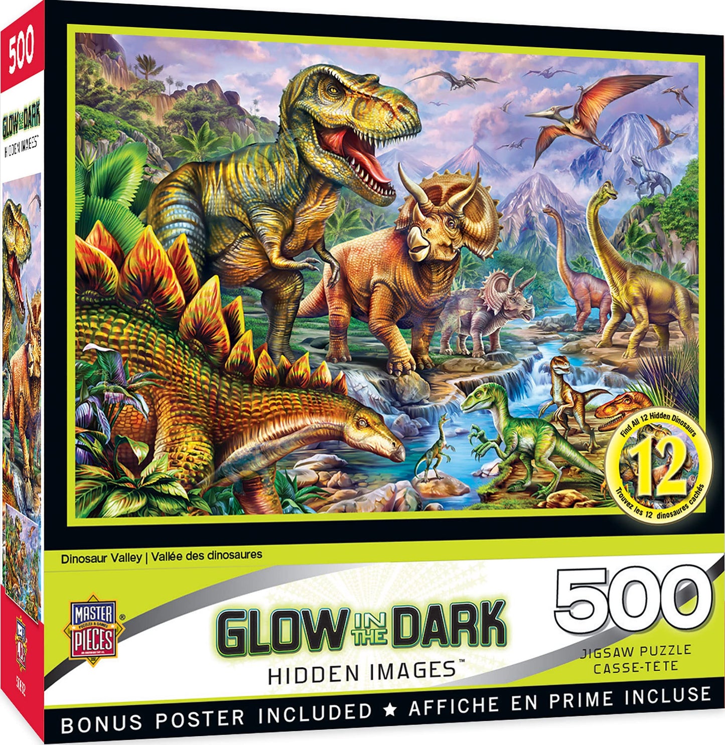 Masterpieces 500 Piece Glow In The Dark Jigsaw Puzzle For Adults, Family, Or Kids - Dinosaur Valley - 15''X21''