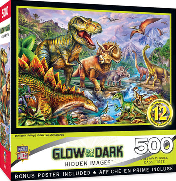 Masterpieces 500 Piece Glow In The Dark Jigsaw Puzzle For Adults, Family, Or Kids - Dinosaur Valley - 15''X21''