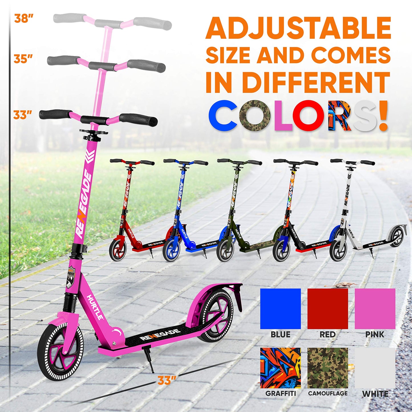 Hurtle Scooter For Teenager - Kick Scooter - 2 Wheel Scooter With Adjustable T-Bar Handlebar - Folding Adult Kick Scooter With Alloy Anti-Slip Deck - Scooter With 8” Smooth Gliding Wheels By Hurtle