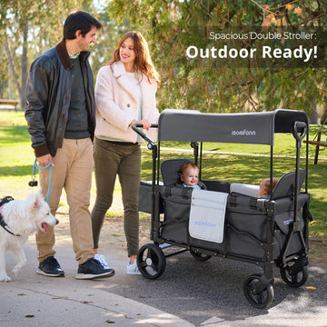 Momfann Double-Seater Baby Wagon With Canopy, Push Pull Stroller With Adjustable Handle, Wagon Stroller For 2 Kids & Outdoor Adv