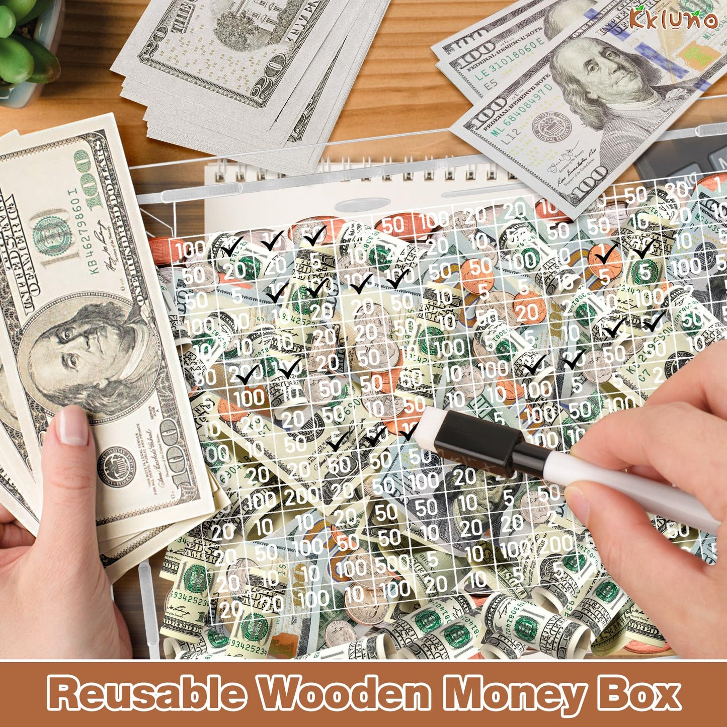10000 Savings Challenge Box, Clear Cashbox Kakeibo Money Box Cash Vault Wooden Savings Box Money Box, Coin Counter Piggy Bank Fo