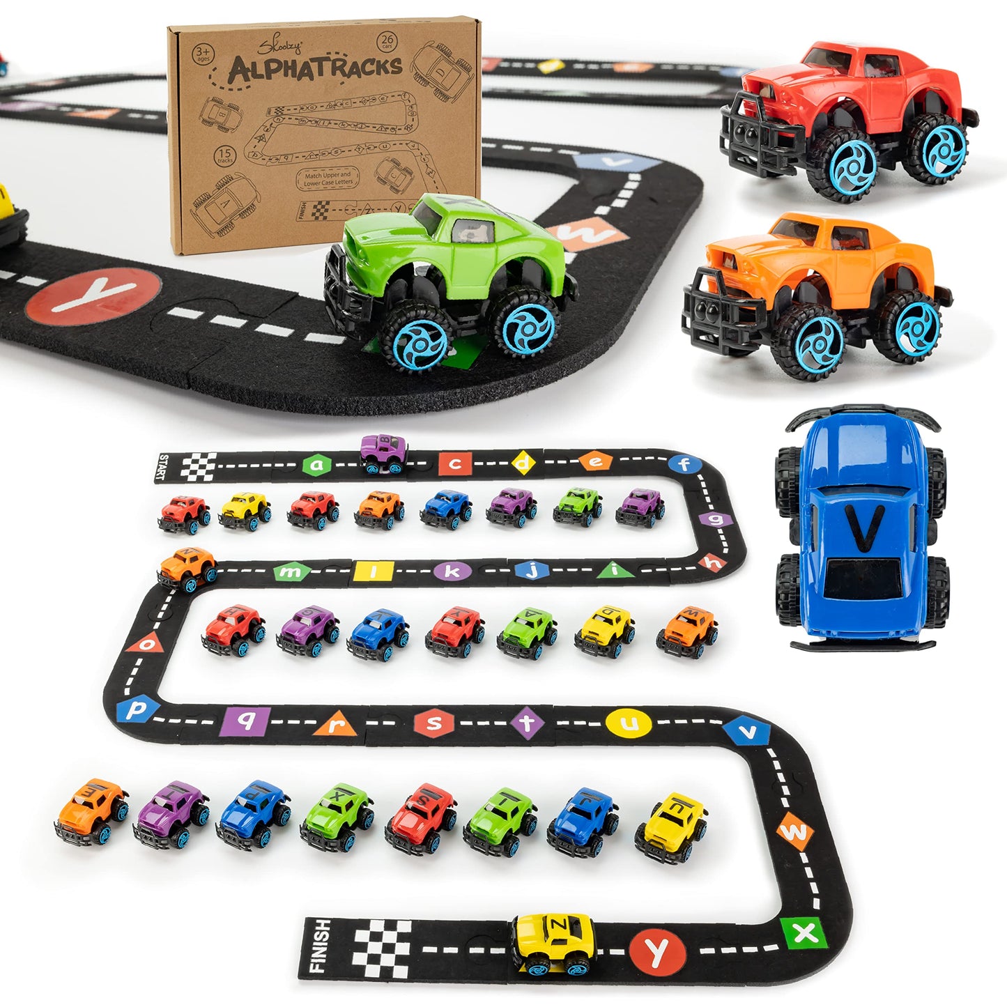 Skoolzy 36-Piece Alphabet Cars - Alphabet Learning Toys With Felt Track Set For Abc Recognition - Ideal Manipulatives For Preschoolers, 3 Year Old Boy Gift, And Toys For 2 Year Old Boys
