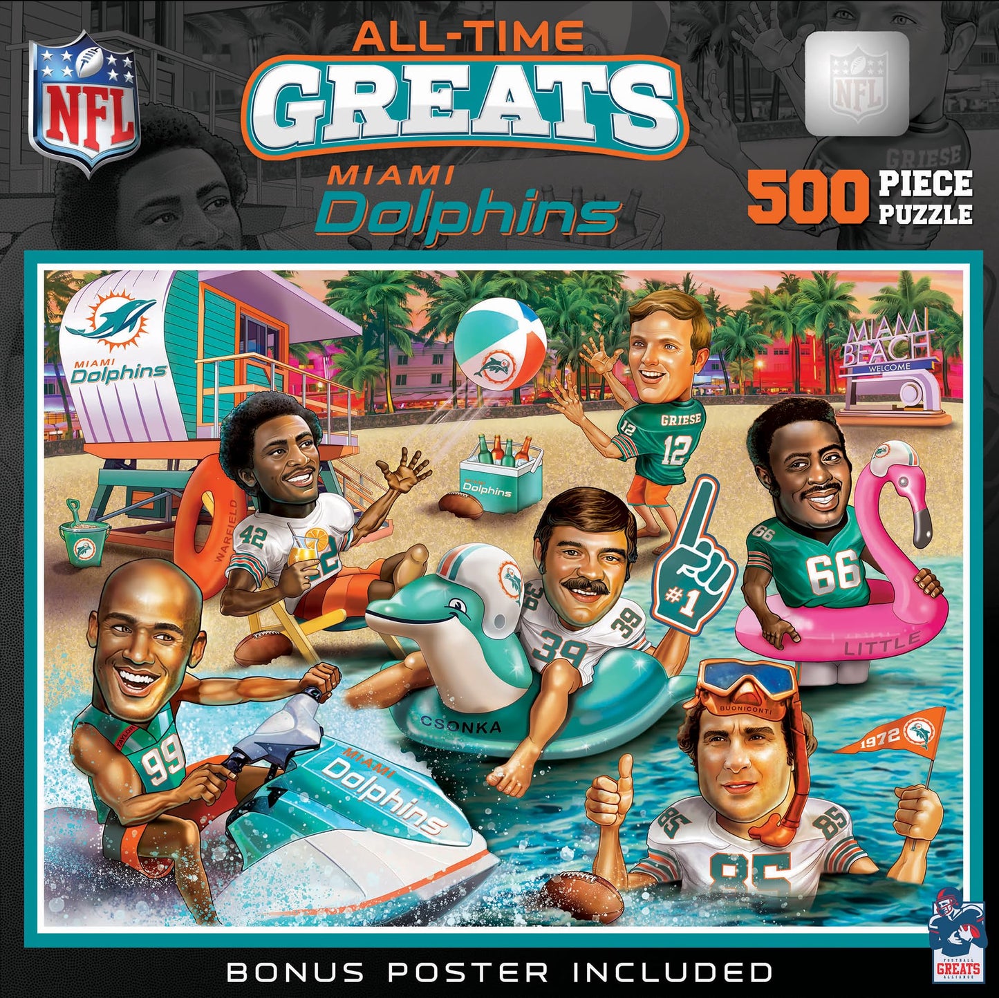 MasterPieces 500 Piece Sports Jigsaw Puzzle for mature-themeds - NFL Miami Dolphins All-Time Greats - 15x21