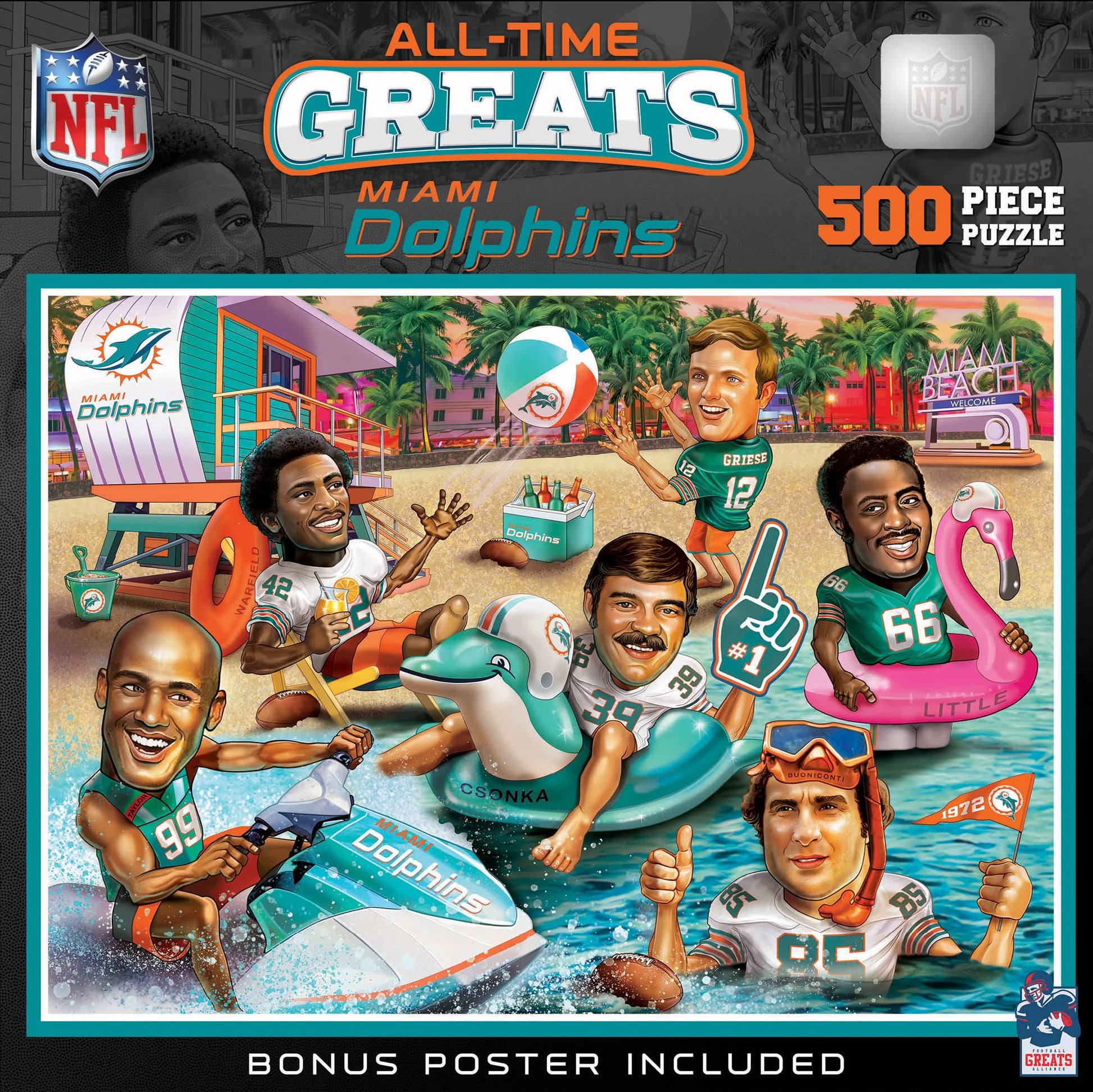 MasterPieces 500 Piece Sports Jigsaw Puzzle for mature-themeds - NFL Miami Dolphins All-Time Greats - 15x21