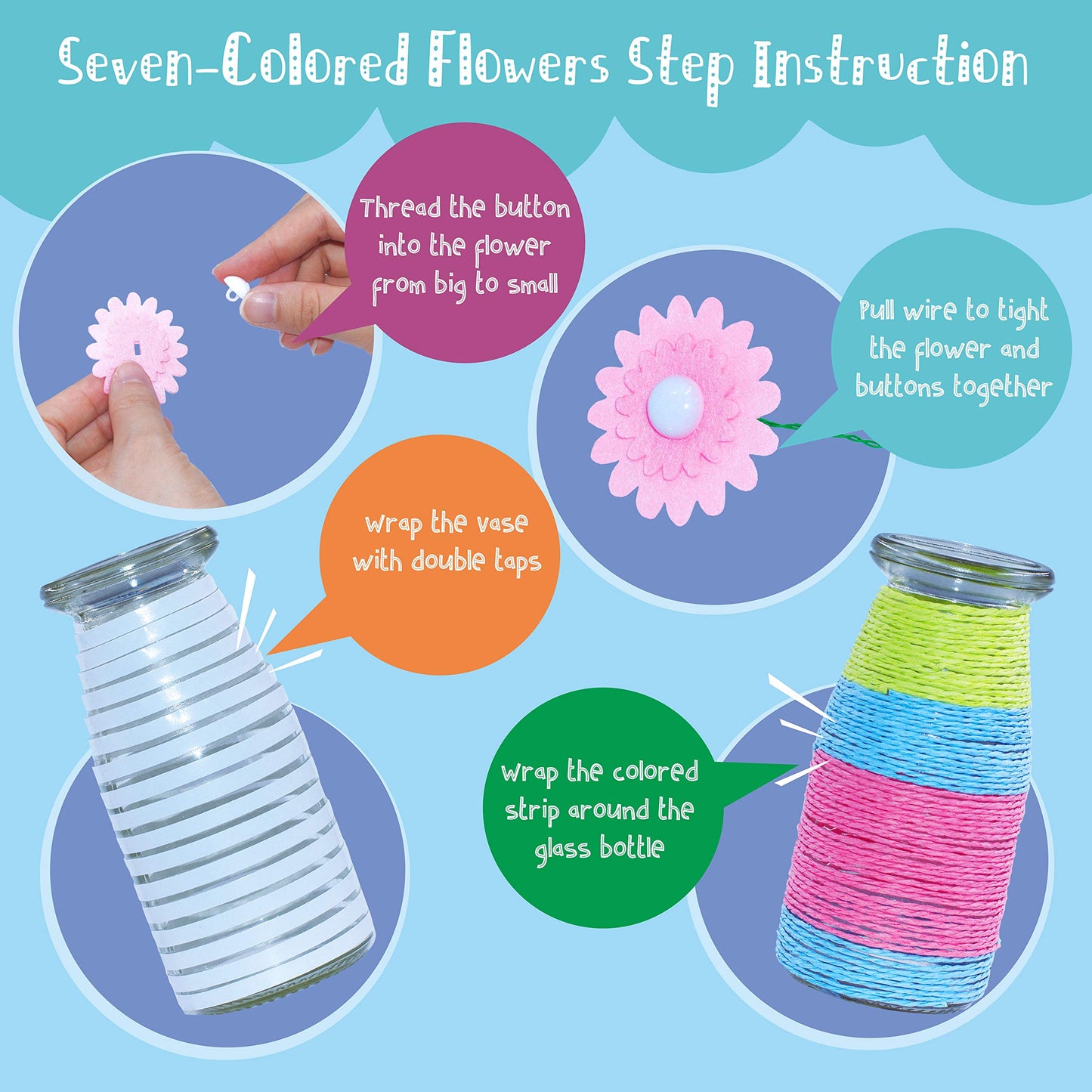 Spritegru Flower Craft Kit For Kids,Make Your Own Flower Bouquet With Buttons,Diy Activity Gift For Boys & Girls Age 4 5 6 7 8 9 10 Year Old(2 Bouquets And 1 Glass Vase)
