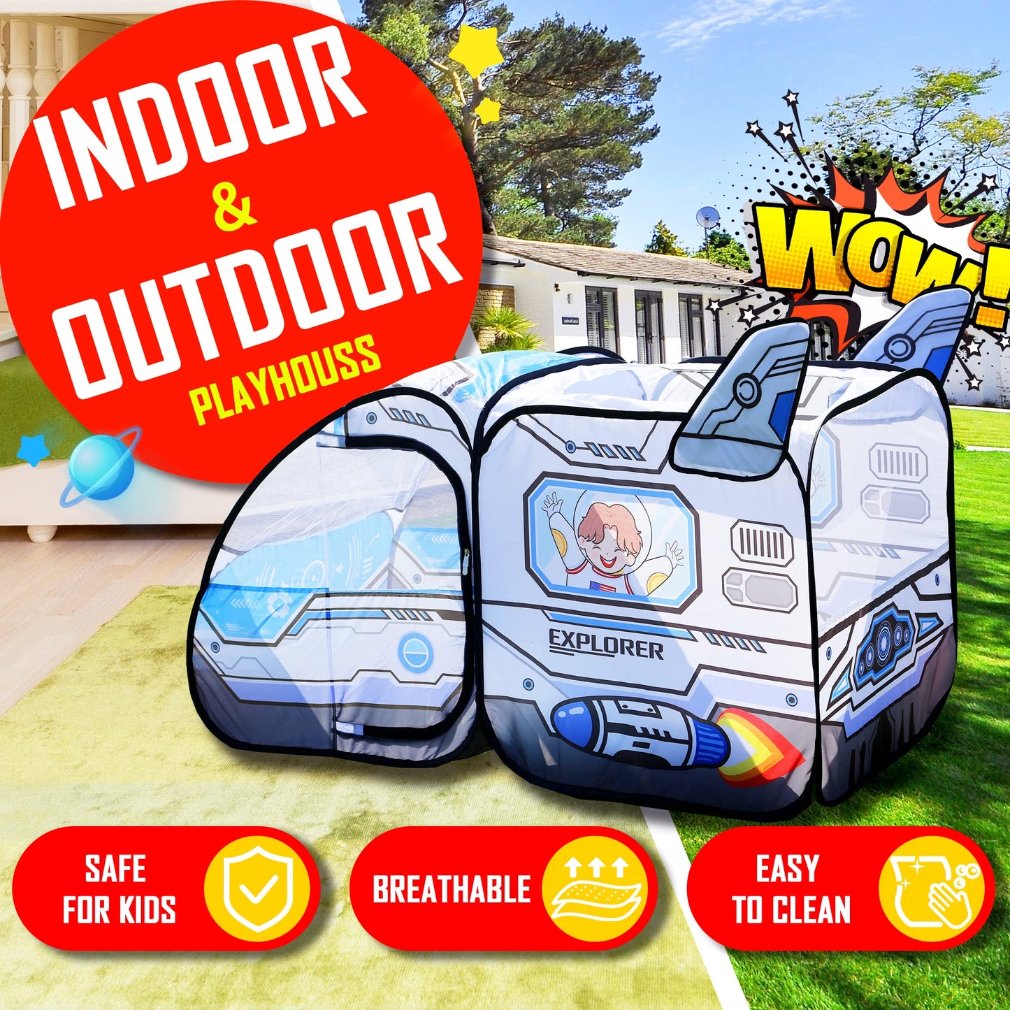Kids Pop Up Play Tent - Spaceship Indoor Outdoor Rocket Ship Playhouse Tent Games Party Children Foldable Tent Birthday Toy For