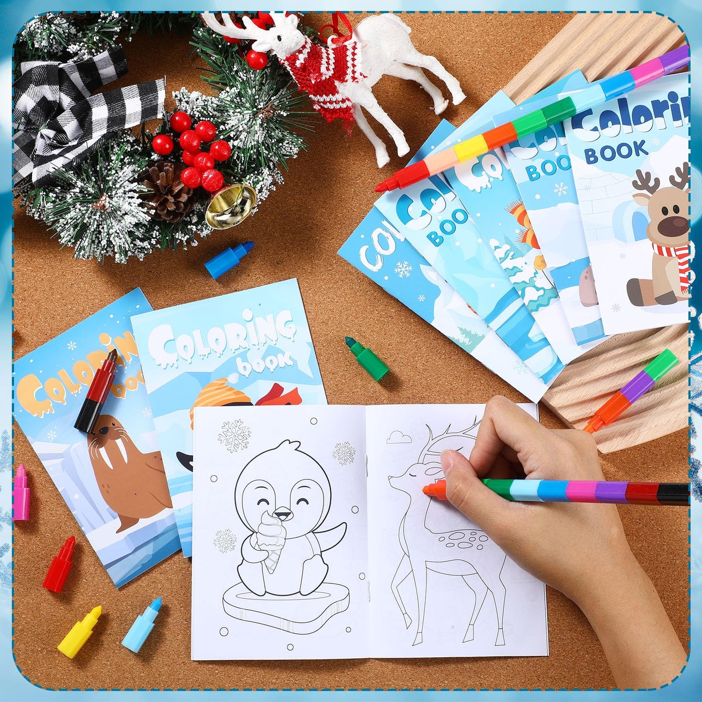 Funrous 24 Sets Winter Coloring Books Bulk Christmas Drawing Pages with Stackable Crayons Polar Bear Glacier Animal Activity Boo