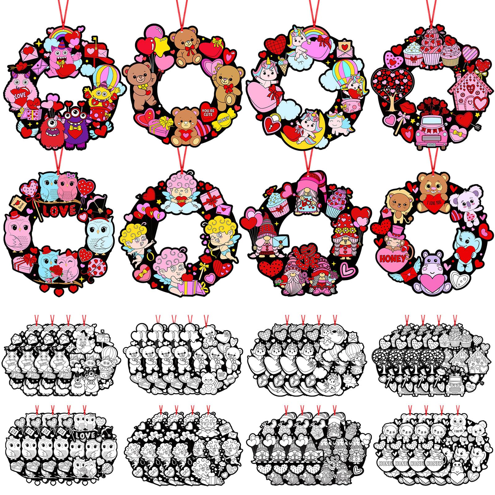 Epakh 32 Pcs Valentines Day Crafts for Kids: Color Your Own Valentines Wreath Ornament DIY Paper Coloring Heart Cupid Monster O