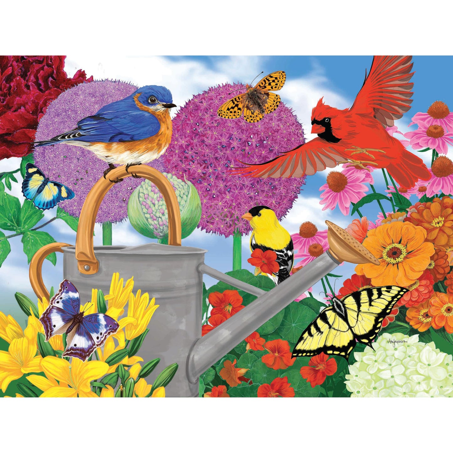 550 Piece Puzzle for mature-themeds Garden Glory Ann Jasperson Birds Jigsaw 24X18 by KI Puzzles