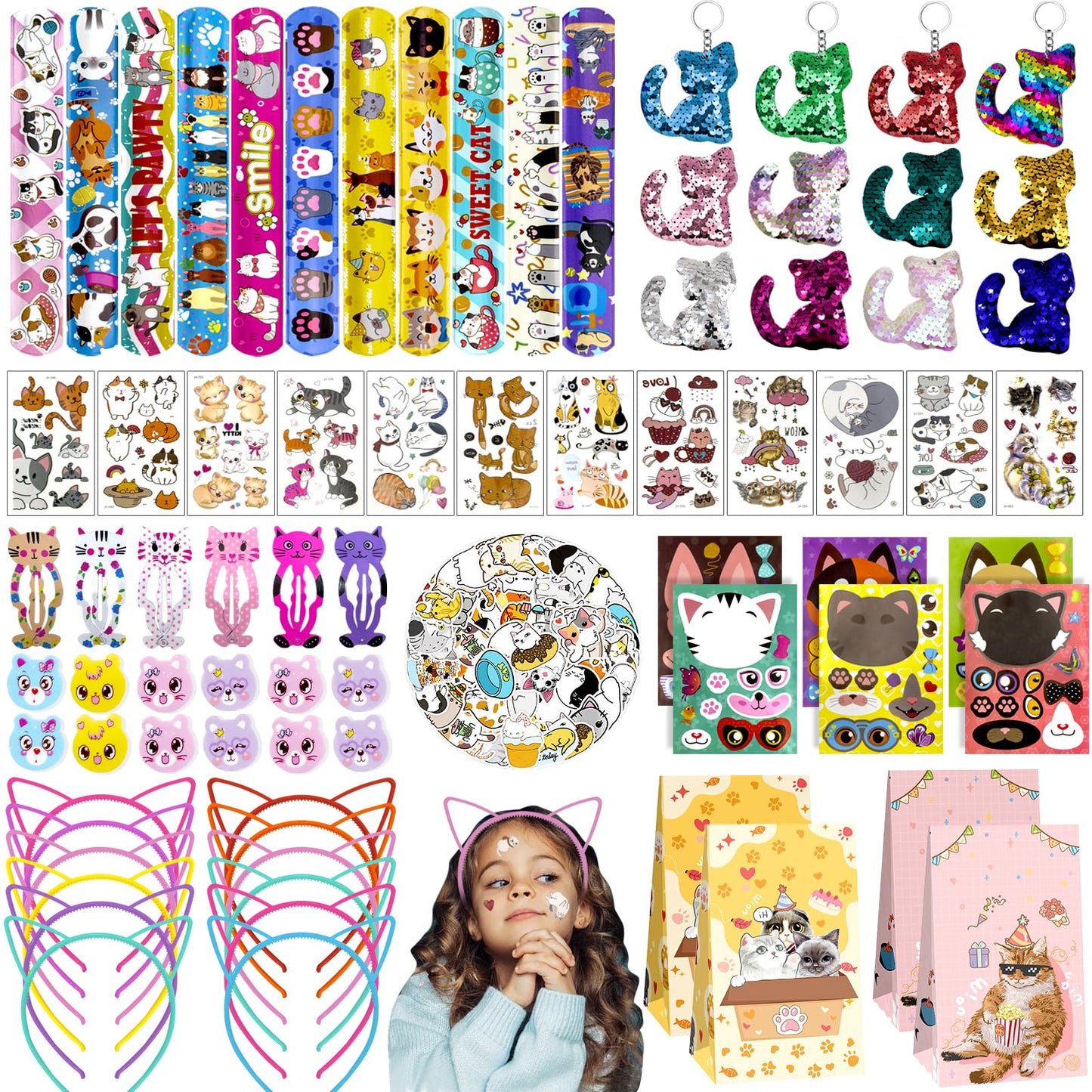 Joyvorite 158Pcs Cat Party Favors Set with Cat Headband Keychains Tattoo Stickers Erasers Slap Bracelets Hairpin Goodie Bags Cat