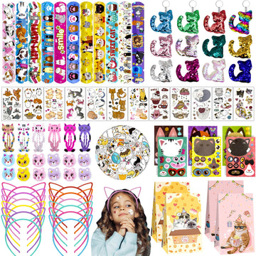 Joyvorite 158Pcs Cat Party Favors Set with Cat Headband Keychains Tattoo Stickers Erasers Slap Bracelets Hairpin Goodie Bags Cat