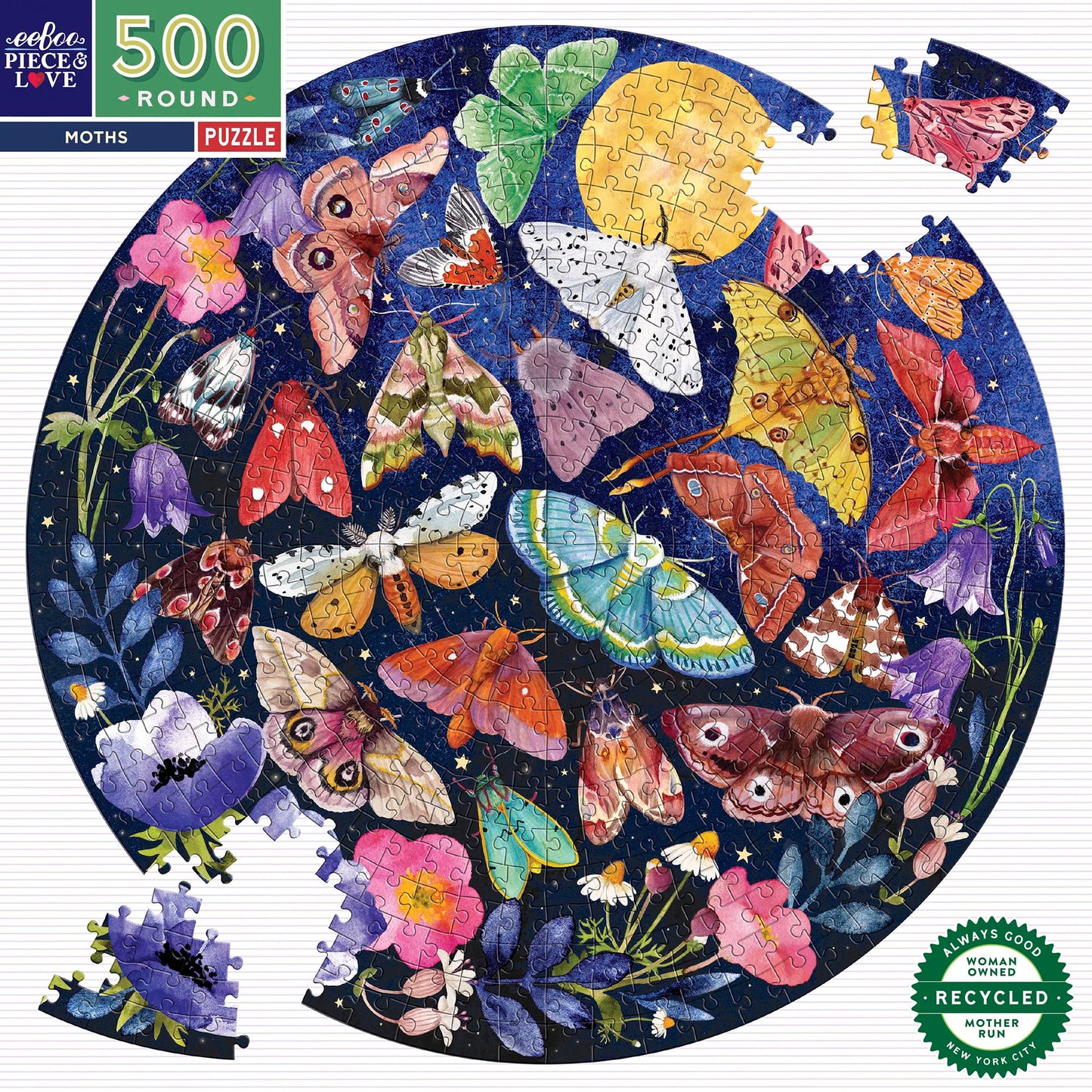 eeBoo Piece and Love Moths 500 Piece Round mature-themed Jigsaw Puzzle/Ages 14+ (PZFMOT)